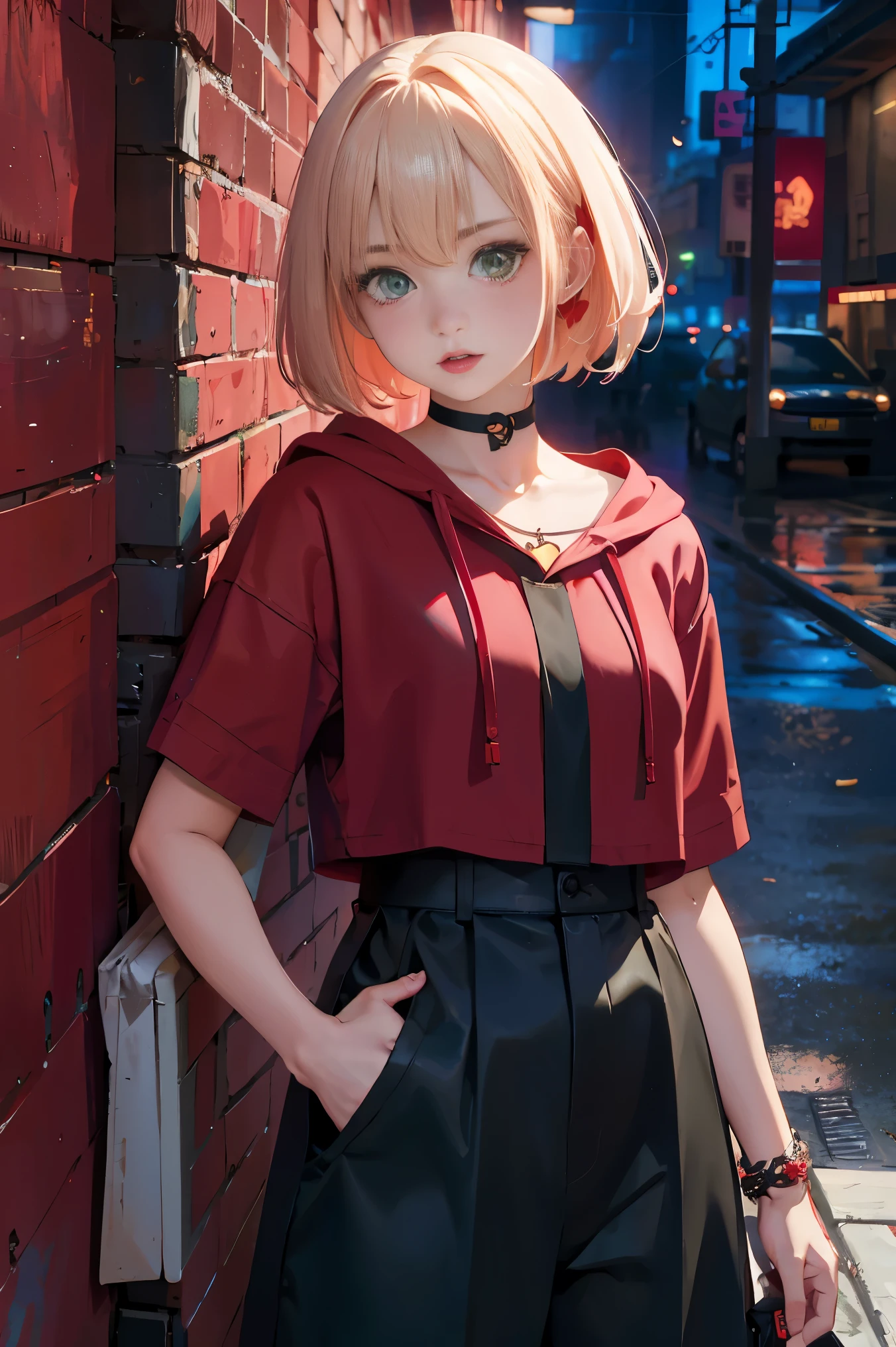 (Fine, beautiful eyes and detailed face)、cinematlic lighting、bustshot、the Extremely Detailed CG Unity 8K Wallpapers、(top-quality、hight resolution、8K、​masterpiece:1.2)。Curvaceous but slender、Muchimuchi Body、Red Higan Flower Garden、The whole area is full of red Higan flowers、Red Spider Lily、Grinning Woman、Red spider lily sits in the middle of blooming。With a somewhat horror look、Eight teeth are characteristic。Wear bloody clothes、Has an ax。The crazy look and the gap between her and Red Spider Lily、Enhance her beauty even more。Half-undressed hoodie、accessorized、Mole、eyebrows、double tooth、canine teeth、poneyTail、Muscular nose、clear, detailed green eyes、blondehair、Hats、校服、red blush、short-haired、a choker、fleshy lips、Physical beauty、well-muscled、Raise headband bangs、Oforehead、Mysterious fashion、Street fashion、Anime style、animesque、Oversized trousers、Unreal、Fashion based on green and black、Backgrounds with depth、The background is a bright red Higan flower field that spreads all over the place、10,000 Red Spider Lily。a necklace、Bracelets、Misanga、arm band、colorful backdrop、Light and Wall Co-star、Little black cat clinging to his shoulder、Original face、(dark themed:1.3)、Dark Fantasy、
