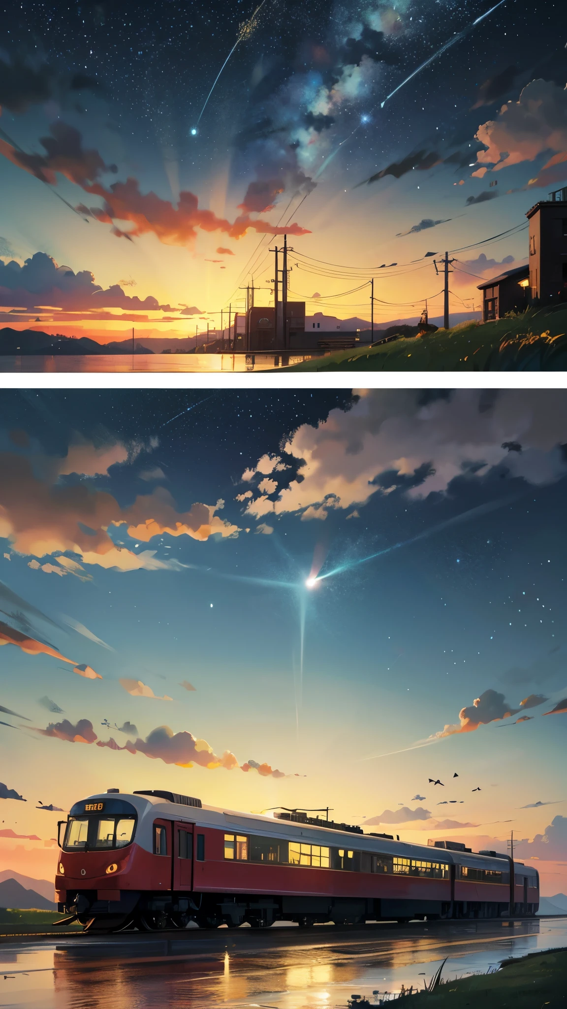 Cartoon train passing through body of water on rails, bright starry sky. romantic train, Picture of Makoto Shinkai, pure, concept art, Lofi Art style, reflection.,Shinkai Makoto animation art style, Lofi Art, beautiful anime scene, anime scenery, detailed scenic view, Xin Haicheng's style, Xin Haicheng's style, Enhance details