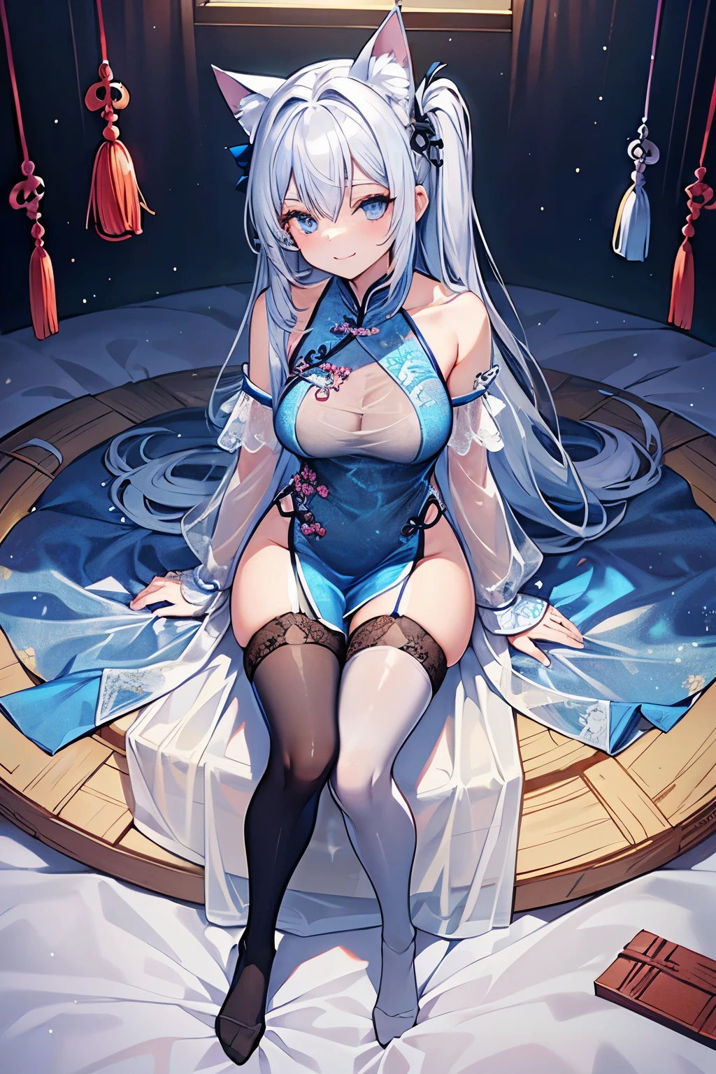 (((thigh highs))), large breasts, Chinese clothes, Chinese dress, streaked with silver and blue hair, bare shoulder, one side up hair, silver hair, in the bedroom, smile,
(((see-through clothes))), (((slim legs))), long hair, (1 girl), (((sitting)), cat ears, cute body, body, from above, wariza,