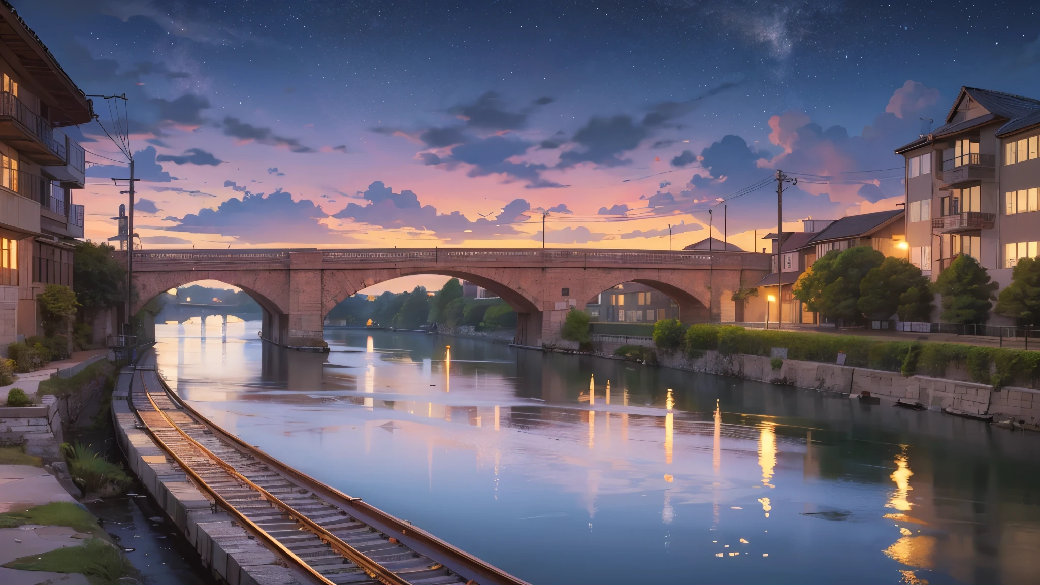 Cartoon train passing through body of water on rails, bright starry sky. romantic train, Picture of Makoto Shinkai, pure, concept art, Lofi Art style, reflection.，Shinkai Makoto animation art style, Lofi Art, beautiful anime scene, anime scenery, detailed scenic view, Xin Haicheng&#39;s style, Xin Haicheng&#39;s style, Enhance details