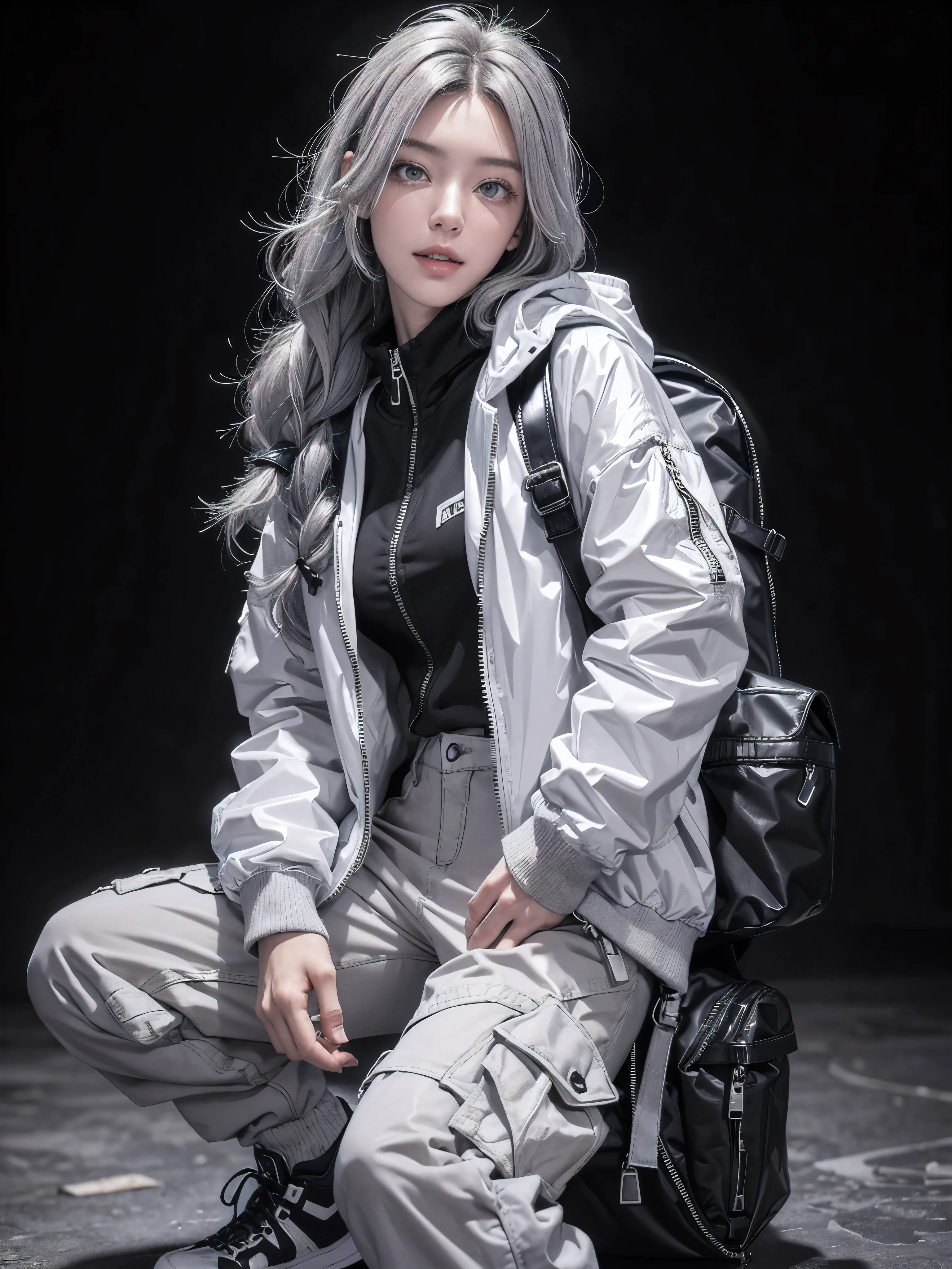 (Realistic:1.2), (fashion portrait:1.2), (ultra detailed, beautiful, masterpiece, best quality:1.2), BREAK
(1girl:1.2), 22 years old, 160 cm, Japanese cute model, Tightened all body, medium Breasts, small head, small face, diamond Face, small nose, Sharp Faceline, (Detailed face:1.2), young hands and fingers, beautiful hands and fingers, five fingers,
BREAK
(happy, smile, Glossy Lips:1.3), (Light color lips, Half open mouth, beautiful Teeth:1.2), (droopy eyes, Double eyelid, light color eyes, Shiny eyes:1.5), (Detailed eyes:1.2), Shiny skin,
BREAK
(long hair, arranged hairstyle, gray hair:1.4), shiny hair,
BREAK
(cowboy shot:1.2), (sitting, sexy model pose:1.2),
(gray simple blurry background:1.4), 
BREAK

(Cyberpunk theme:1.4), ((wear an oversized black cargo large pocket half pants with a narrow hem) over black long socks:1.2), (black pattern print long black long socks:1.2),
BREAK
(White theme:1.3), (oversized and baggy waist-length White outerwear:1.2), (fusion of high collar black windbreaker and black hoodie:1.3), (White Nylon:1.4), ((zipper, large pocket):1.2),
BREAK
(black platform Cyberpunk Sneaker:1.4), (wear a MOUNTAIN backpack:1.4), (Realistic wear:1.5), (Detailed wear:1.3),
BREAK
