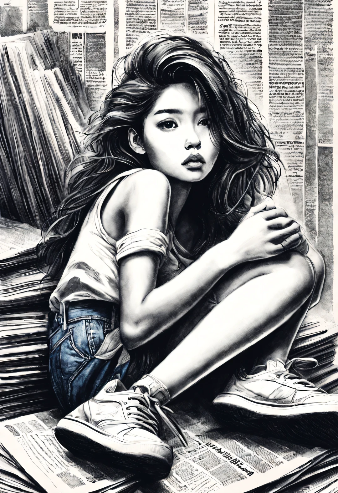 (Graphite drawing: 1.3), (Girl sitting cross-legged on mountain of old newspapers in basement), (She's wearing denim suspenders), young wild asian face, A bit of a mixed race face, (closure), (Slightly square chin: 0.4), Messy extra-long hair, (Lazy), A bit like Vivian, perfect face, Slightly narrowed slender eyes, sports shoes,
background: The dilapidated walls are covered with many old newspapers,
90's anime style, Bold silhouettes, Graphic arts, line art, black and white, line art with pen pressure, Pen pressure sketch, Calligraphy pen with pen pressure, G pen style,With pen pressure, Hand drawn thick lines, high contrast, IG model,