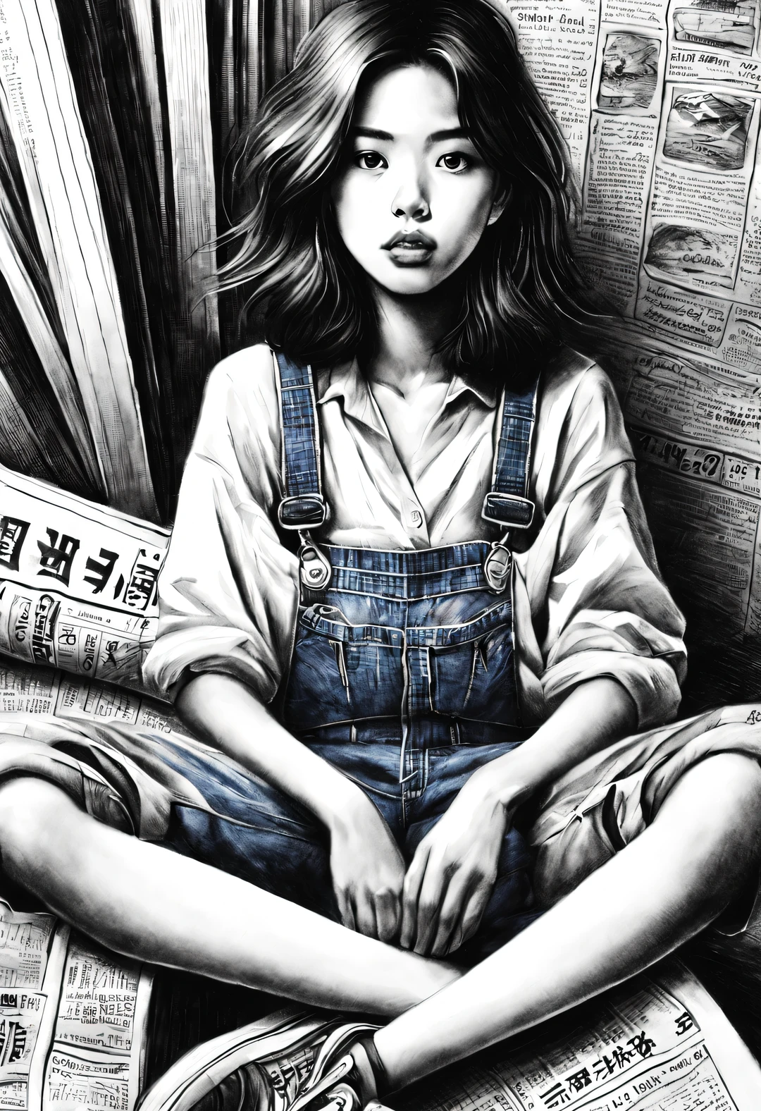 (Graphite drawing: 1.3), (Girl sitting cross-legged on mountain of old newspapers in basement), (She&#39;s wearing denim suspenders), young wild asian face, A bit of a mixed race face, (closure), (Slightly square chin: 0.4), Messy extra-long hair, (Lazy), A bit like Vivian, perfect face, Slightly narrowed slender eyes, sports shoes,
background: The dilapidated walls are covered with many old newspapers,
90's anime style, Bold silhouettes, Graphic arts, line art, black and white, line art with pen pressure, Pen pressure sketch, Calligraphy pen with pen pressure, G pen style，With pen pressure, Hand drawn thick lines, high contrast, IG model,