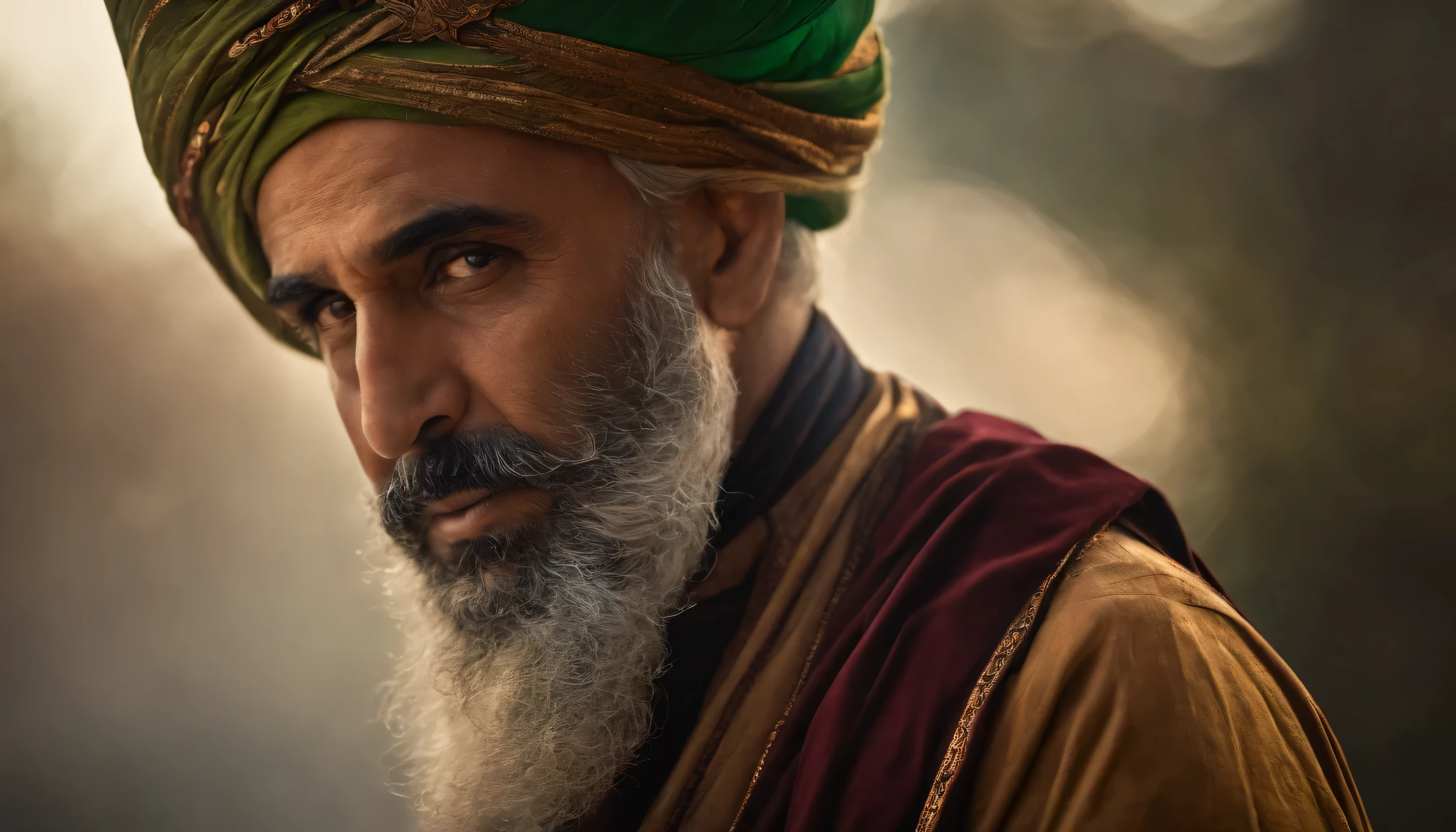 OLD sultan MAN islamic TURBAN ON HEAD PHOTO dark: luxury arabian clothes, realistic epic, soft cinematic portrait, adobe lightroom, photo lab, highly detailed, faded, (neutral colors: 1.2), (hdr: 1.4), (soft colors:1.2), hyperdetailed, (artstation:1.4), cinematic, warm lights, dramatic light, (intricate details:1.1), complex background, (rutkowski:0.66), (green and red:0.4)