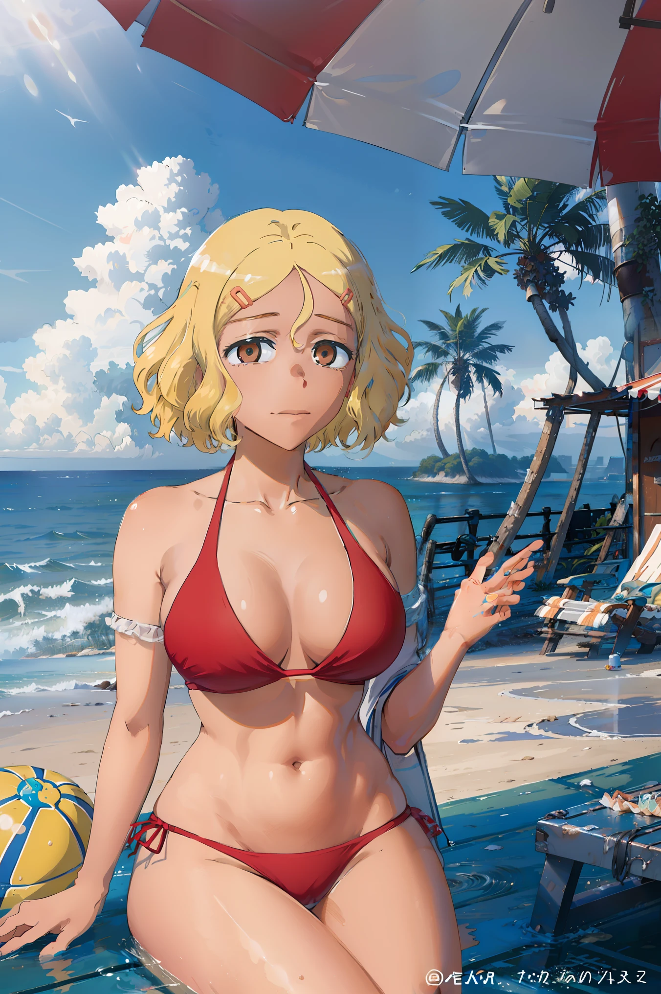 best quality,highres,ultra-detailed,realistic,bikini,girl,beach,sandy beach,sunlight,clear skies,turquoise water,tropical plants,summer vibes,vivid colors,tan skin,beach waves,long hair,playful,elegant,relaxed,seaside,sun-kissed look,fresh coconut juice,beach umbrella,seashells,sandcastle,swimming,water splashes,beach ball,beach chair,smooth skin,natural beauty,breezy,swimsuit,tropical paradise