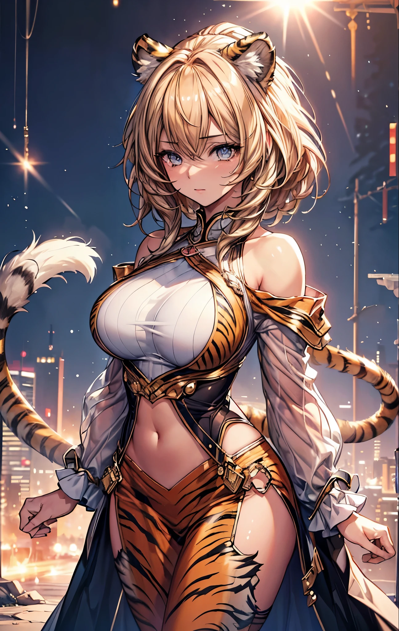NSFW,((masterpiece,Highest quality)), Gal,Perfect hands,Perfect Legs,Orange Hair,smile, View your audience,Large Breasts,detailed,Golden Bikini,Gold Bikini,golden,goddess,Blue Flame,Tiger,