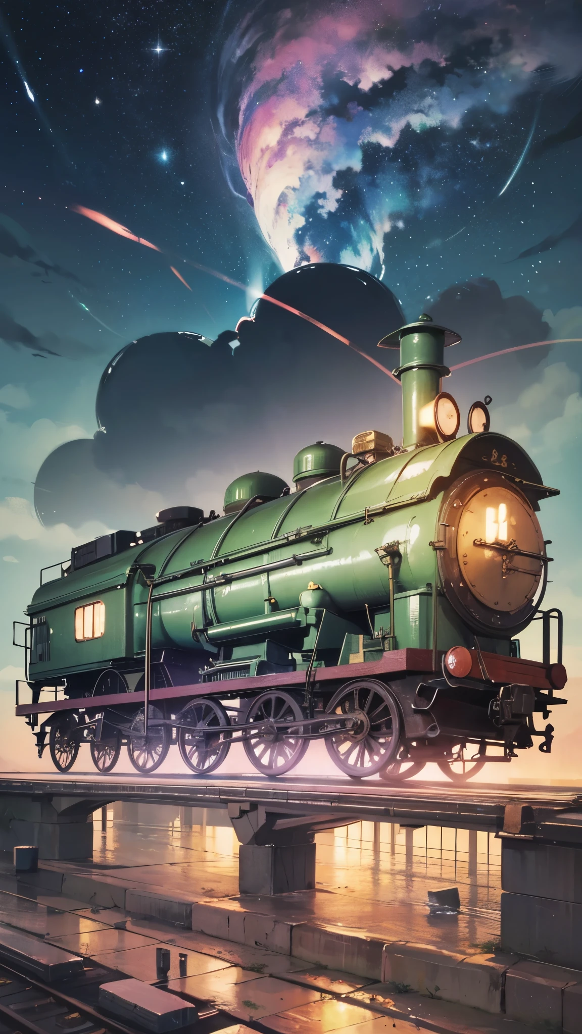 Cartoon train passing through body of water on rails, bright starry sky. romantic train, Picture of Makoto Shinkai, pure, concept art, Lofi Art style, reflection.,Shinkai Makoto animation art style, Lofi Art, beautiful anime scene, anime scenery, detailed scenic view, Xin Haicheng's style, Xin Haicheng's style, Enhance details