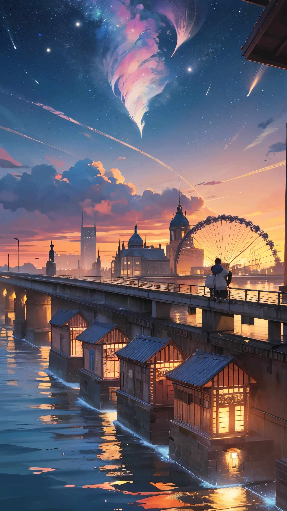 Cartoon train passing through body of water on rails, bright starry sky. romantic train, Picture of Makoto Shinkai, pure, concept art, Lofi Art style, reflection.，Shinkai Makoto animation art style, Lofi Art, beautiful anime scene, anime scenery, detailed scenic view, Xin Haicheng&#39;s style, Xin Haicheng&#39;s style, Enhance details