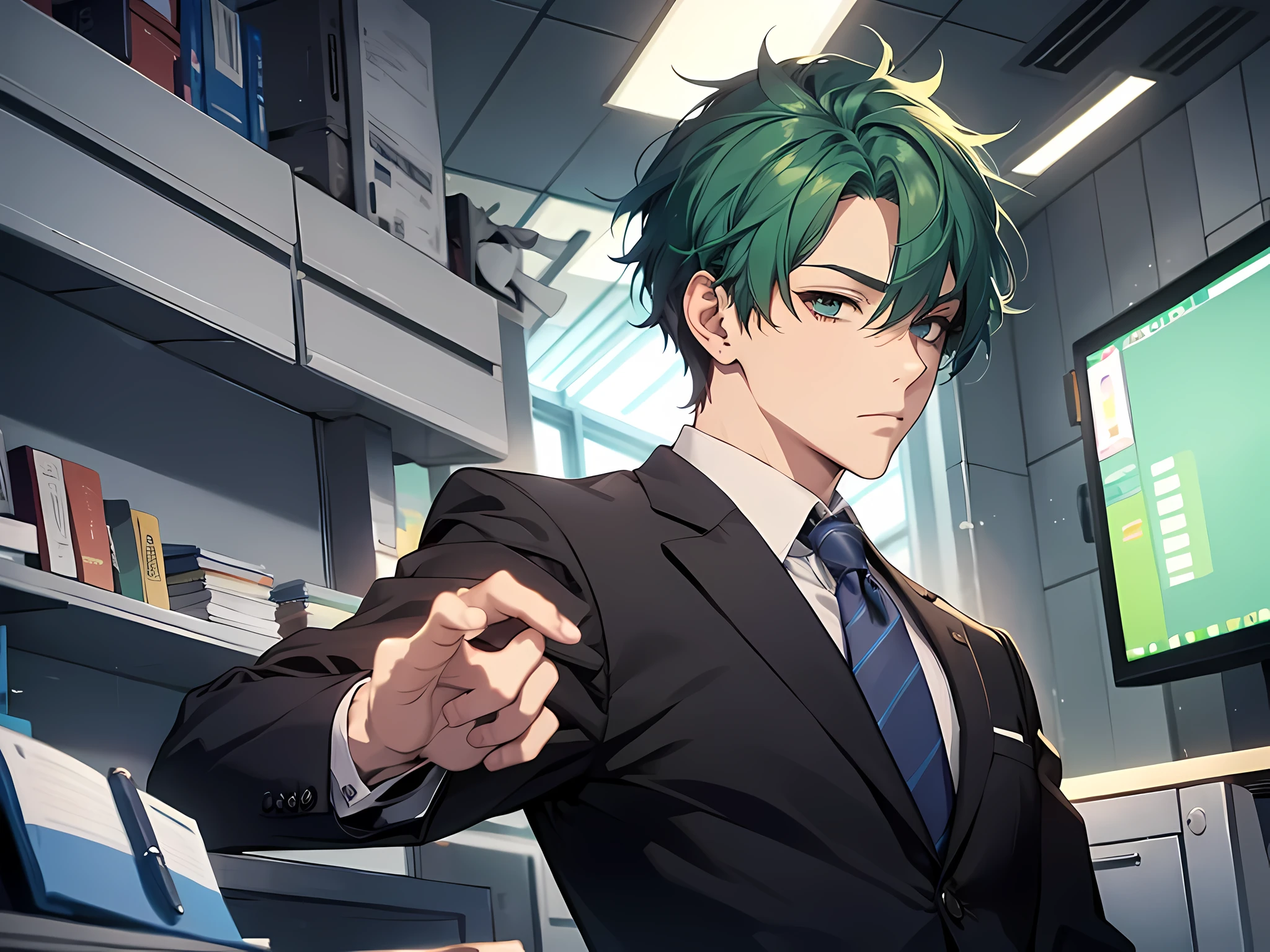 1 man, salaryman, green hair, short hair, working in office, face to detail, detailed eyes, the background is in office, half-body illustration