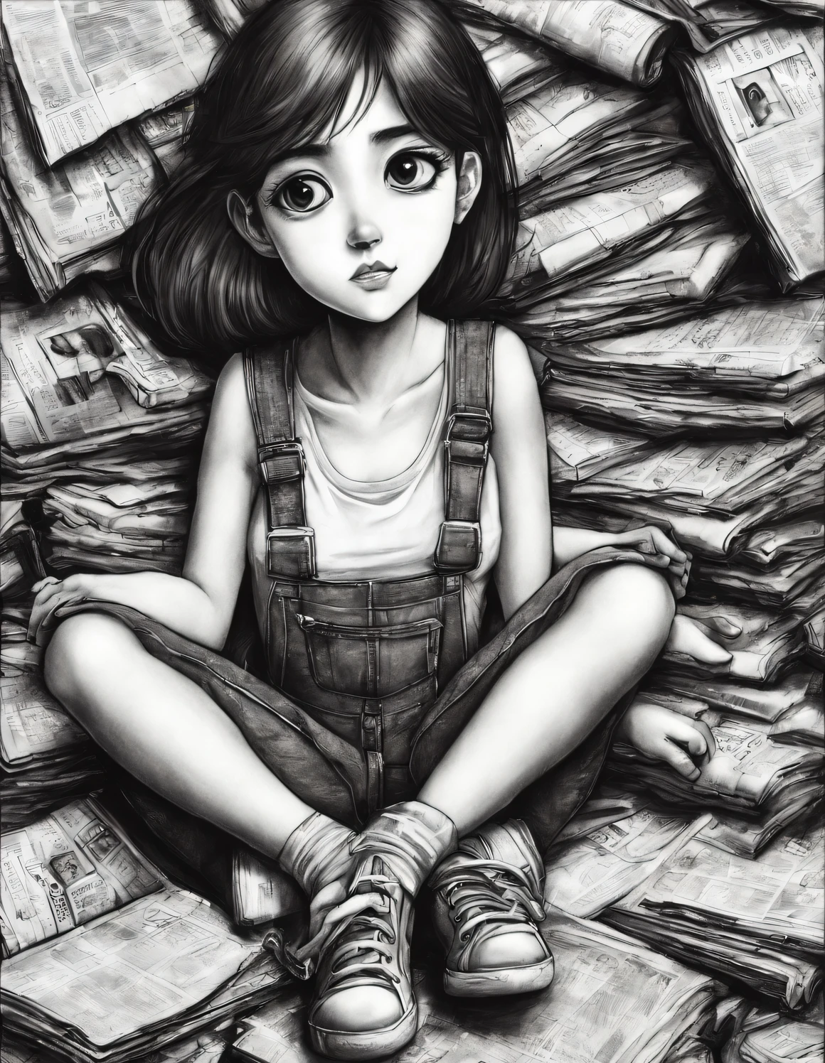 (Graphite drawing: 1.3), (Girl sitting cross-legged on mountain of old newspapers in basement), (She&#39;s wearing denim suspenders), young wild asian face, A bit of a mixed race face, (closure), (Slightly square chin: 0.4), (Lazy), A bit like Vivian, perfect face, Slightly narrowed slender eyes, like fox eyes, Sneakers background: The dilapidated walls are covered with many old newspapers,
90's anime style, Bold silhouette, Graphic arts, line art, black and white flat colors, black and white, line art with pen pressure, Pen pressure sketch, Calligraphy pen with pen pressure, G pen style，With pen pressure, Hand drawn thick lines, monochrome style, high contrast, IG model, artistic sprout,