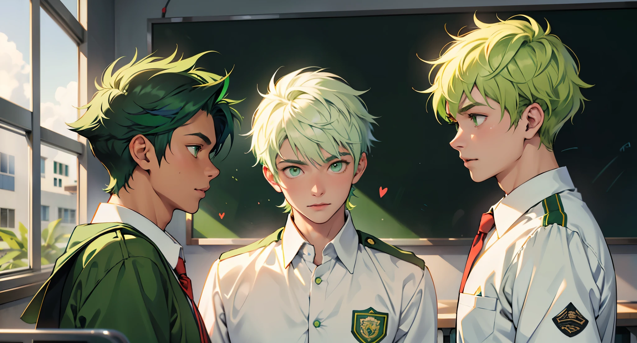 two handsome young boys of  with light green hair and green eyes talking about something important in the school classroom, su uniforme es de color azul