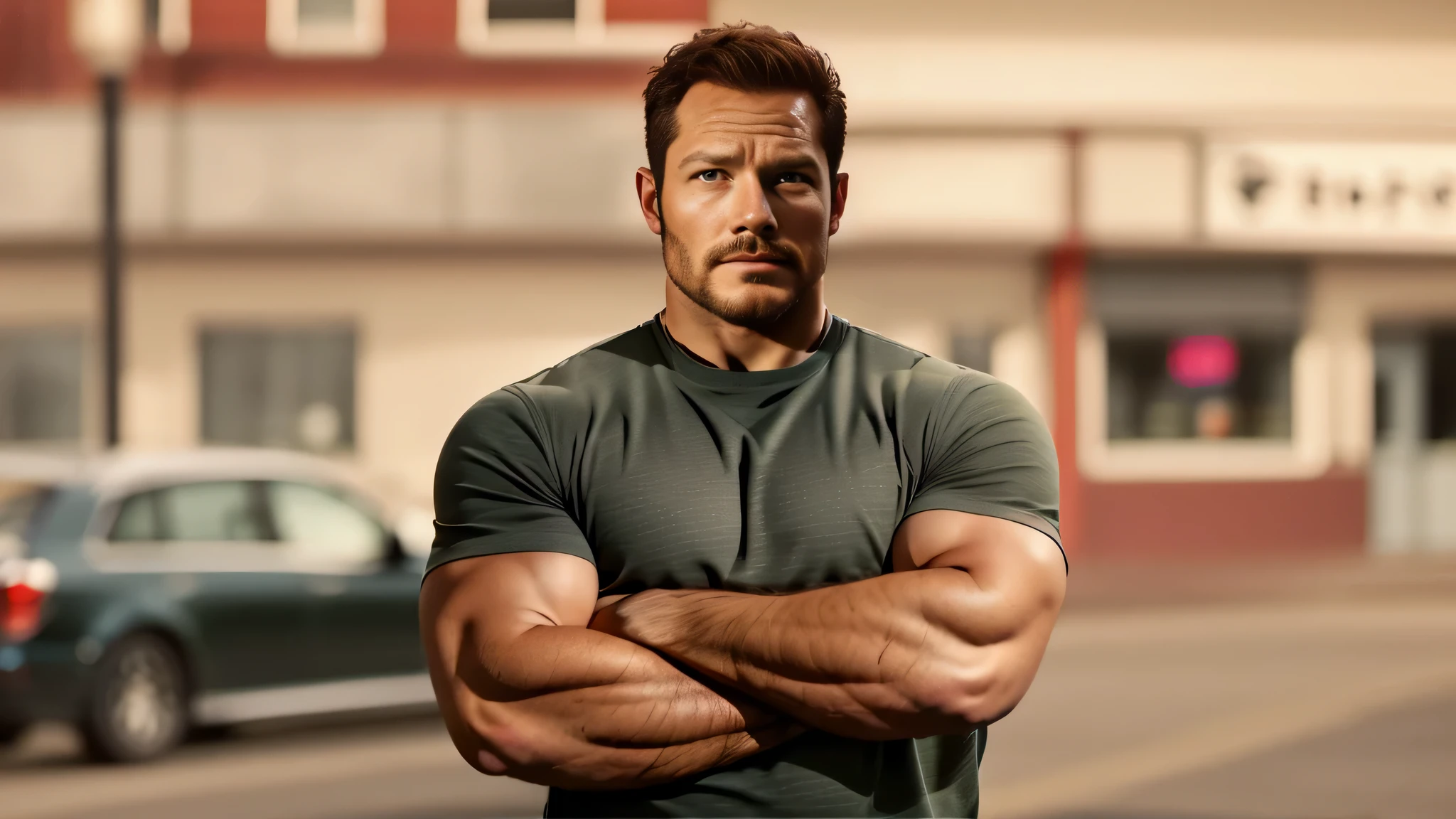 arafed man with arms crossed standing in front of a building, muscular character, inspired by Samu Börtsök, muscular male hero, manly monster tough guy, chris pratt as super mario, chris pratt as mario, chris pratt ancient corsican, chris pratt, handsome man, muscular and terrifying, attractive beefy man, elon musk as the incredible hulk