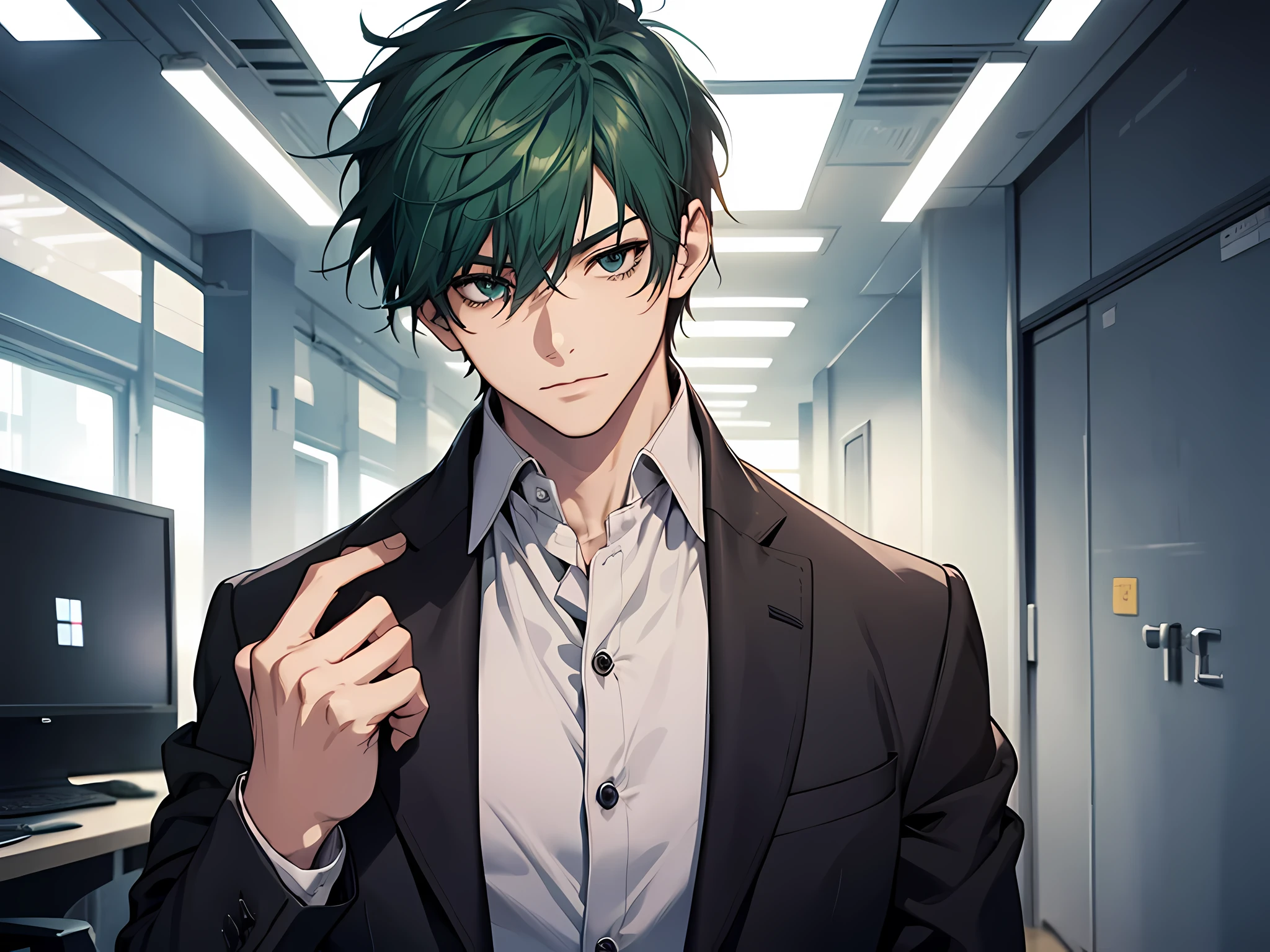 1 man, salaryman, green hair, short hair, working in office, face to detail, detailed eyes, the background is in office, half-body illustration