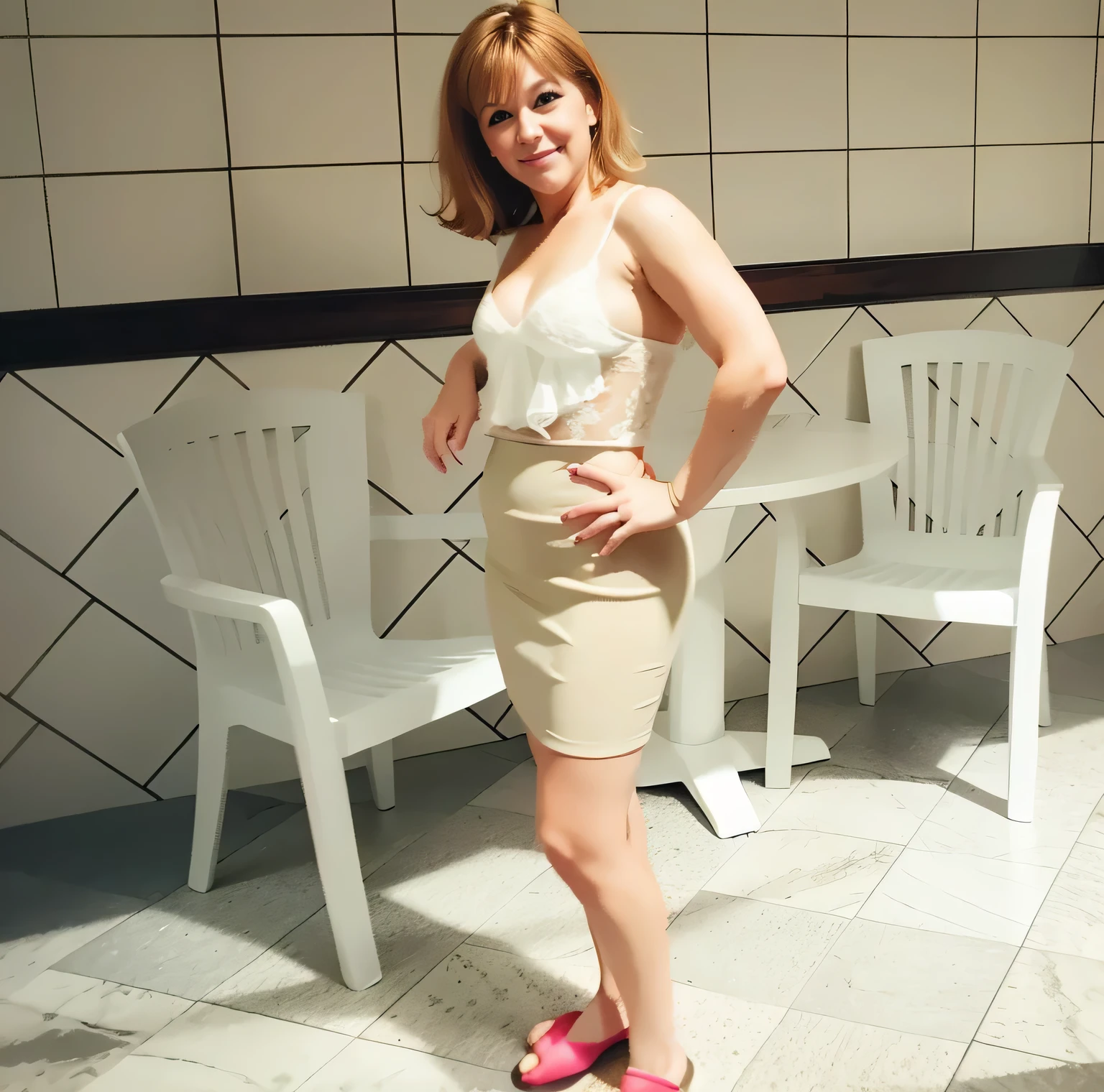 there is a woman standing in the bathroom in a white pink lace bra, saia bege curta, foto frontal, roupa muito sexy, foto frontal wearing a white lace corset, Mulher francesa na casa dos 30 anos, pernas grossas, lindas pernas, legs visible , pernas elegantes, pernas cheias, Imagem de corpo inteiro, pernas suculentas. Ela tem 162 cm de altura e seu corpo pesa 56 kg. Your body exudes glamor and your face is the definition of beauty. pernas bem torneadas. Altamente realista, pele avermelhada, beautiful lips, sorriso, feeling of lightness and joy, hiperrealismo, pele muito elaborada, olhar direto, trabalho de arte, alta qualidade, grande clareza, high resolution, 8k