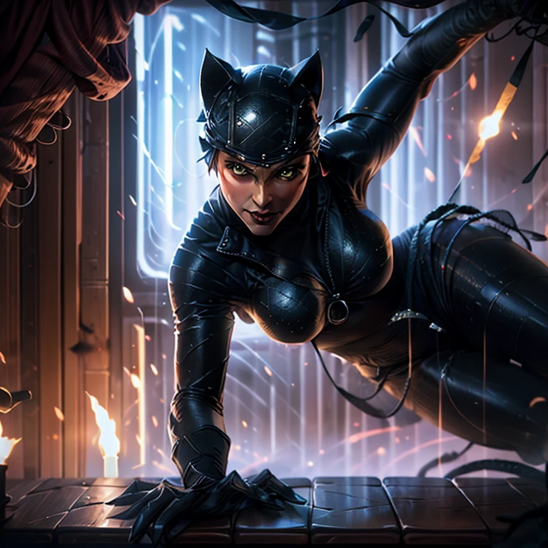 A captivating Catwoman figure, boasting generous assets, leans against the cold brick wall of an abandoned alley. The velvety fabric of her iconic suit clings to her curvaceous figure, revealing the allure of her ample cleavage. Her seductive green eyes gleam in the dimly lit street, a sly smile playing at the corner of her mouth. Her agile form exudes an air of mystery and temptation, beckoning the viewer deeper into the night. The intricate details of the suit's texture and the glossy finish of her feline ears add to the masterpiece of this art piece. The scene is a stunning blend of realism and fantasy