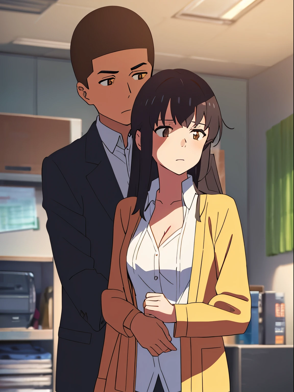 shinkai makoto, kimi no na wa., 1boy, buzzcut,office suit, boy caressing girl's body, kiss cheeks, passionate hug, boy is hugging from behind, 1girl, bangs, black hair, brown eyes, Twisted Half Up, red ribbon, long hair, long sleeve yellow cardigan, open shirt, white shirt, cleavage, breast, medium breast, storage room, indoors, masterpiece, perfect anatomy, cowboyshot