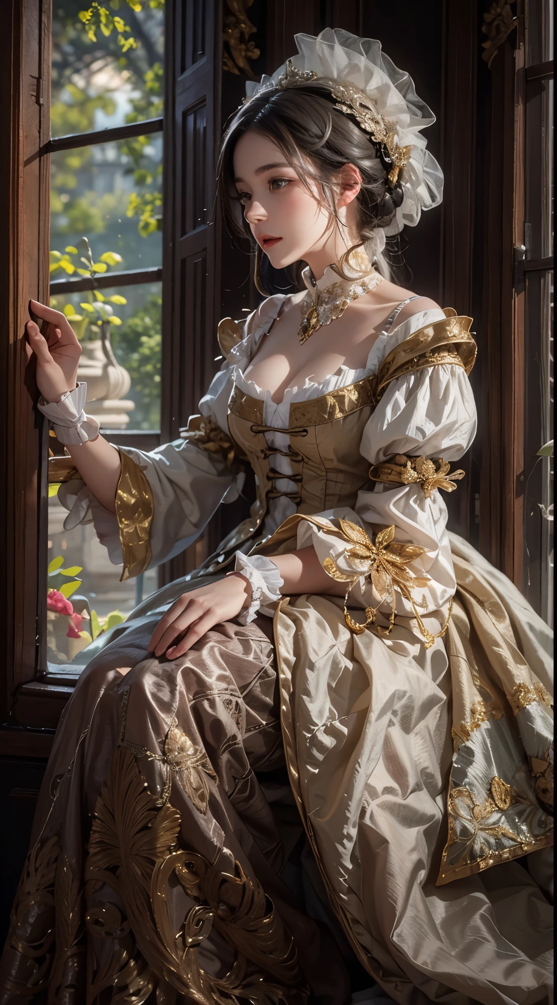 arafed woman in a dress sitting on a window sill, a portrait inspired by Sophie Pemberton, flickr, rococo, 1 7 th century duchess, dressed in a medieval lacy, intricate victorian dress, victorian style costume, rococo queen, in a high renaissance style, wearing a noblewoman's outfit, historical baroque dress, in victorian aristocrat