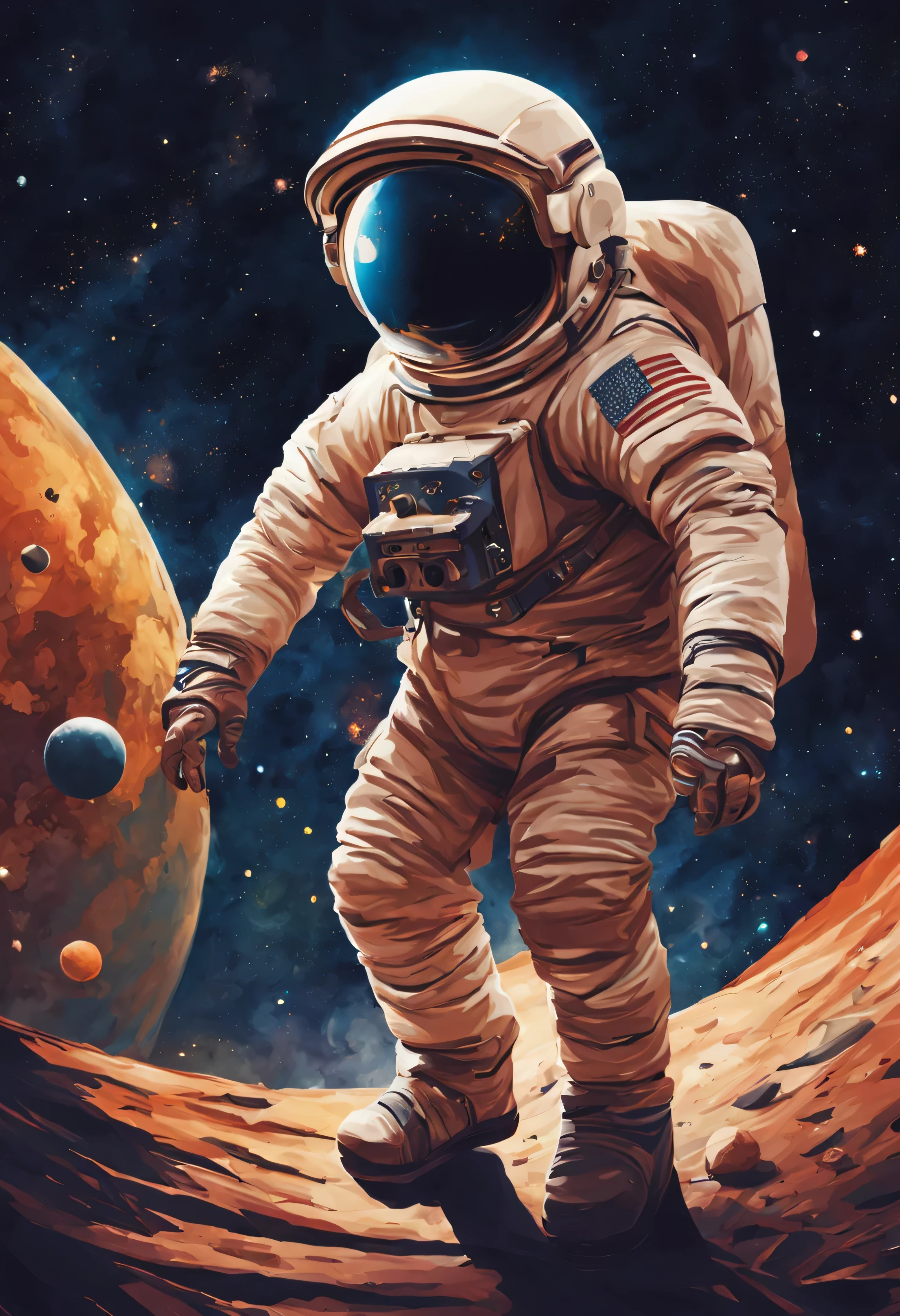 little astronaut far from the earth space stars