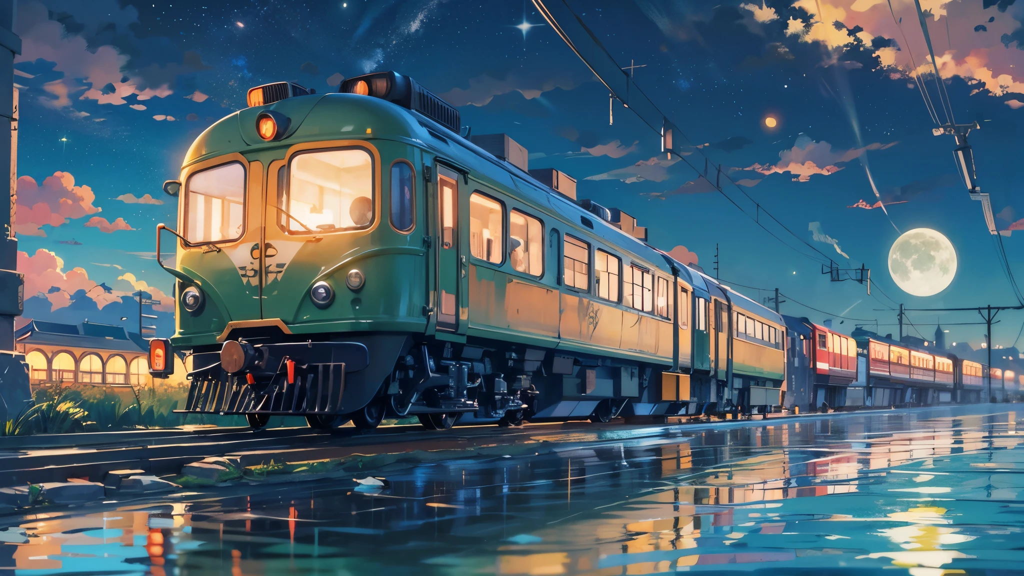 Cartoon train passing through body of water on rails, bright starry sky. romantic train, Picture of Makoto Shinkai, pure, concept art, Lofi Art style, reflection.，Shinkai Makoto animation art style, Lofi Art, beautiful anime scene, anime scenery, detailed scenic view, Xin Haicheng&#39;s style, Xin Haicheng&#39;s style, Enhance details
