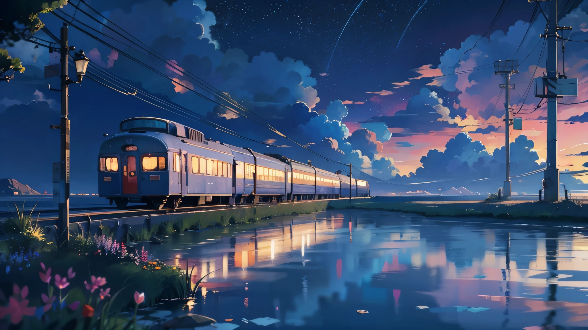 Cartoon train passing through body of water on rails, bright starry sky. romantic train, Picture of Makoto Shinkai, pure, concept art, Lofi Art style, reflection.，Shinkai Makoto animation art style, Lofi Art, beautiful anime scene, anime scenery, detailed scenic view, Xin Haicheng&#39;s style, Xin Haicheng&#39;s style, Enhance details