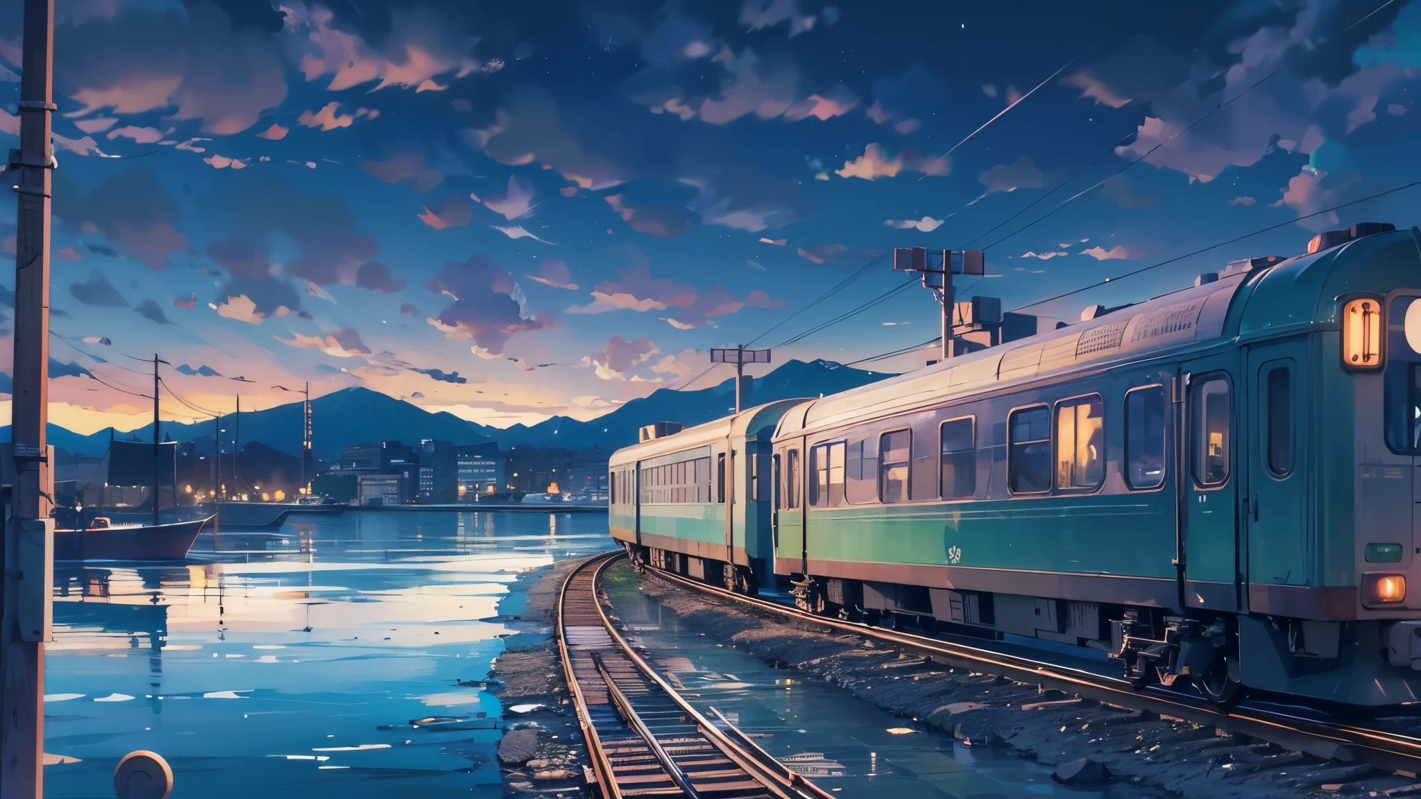 Cartoon train passing through body of water on rails, bright starry sky. romantic train, Picture of Makoto Shinkai, pure, concept art, Lofi Art style, reflection.,Shinkai Makoto animation art style, Lofi Art, beautiful anime scene, anime scenery, detailed scenic view, Xin Haicheng's style, Xin Haicheng's style, Enhance details