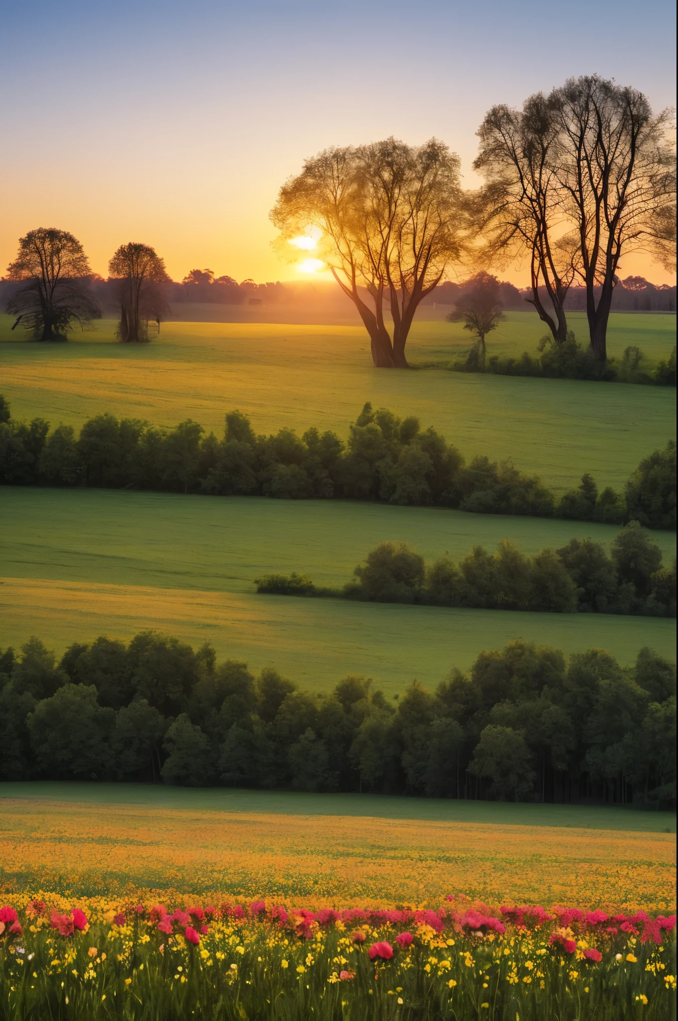araffe in a field with flowers and trees in the background, a picture by Attila Meszlenyi, flickr, romanticism, spring early morning, at sunrise in springtime, tarkovsky scene, andrei tarkovsky scene, early morning mood, soft morning light, summer morning light, the brilliant dawn on the meadow, early morning light, early morning