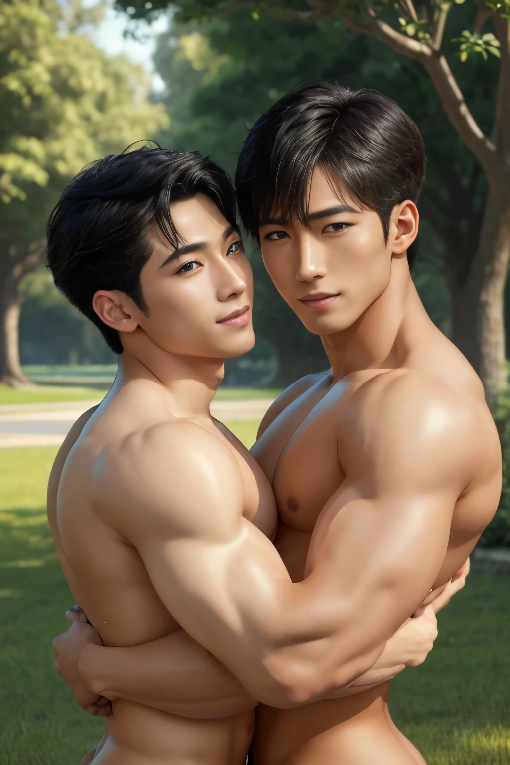 (photorealistic), masterpiece:1.5, beautiful lighting, best quality, beautiful lighting, realistic, real image, intricate details, (((Create an image of 2 a asian men))), handsome, 18 yo, very muscular, topless, wearing nothing, completely naked , Realistic, fully naked, nude, perfect , male , correct male scrotum, perfect scrotum, male structure, correct male genitelia, huge and veiny male genitelia, hard male genitalia, erect male genitalia, short black hair, voluptuous butt, sexy, ((hugged, love gay)), in a park, green eyes, bigs eyes, smile, Detailedface, photorealistic