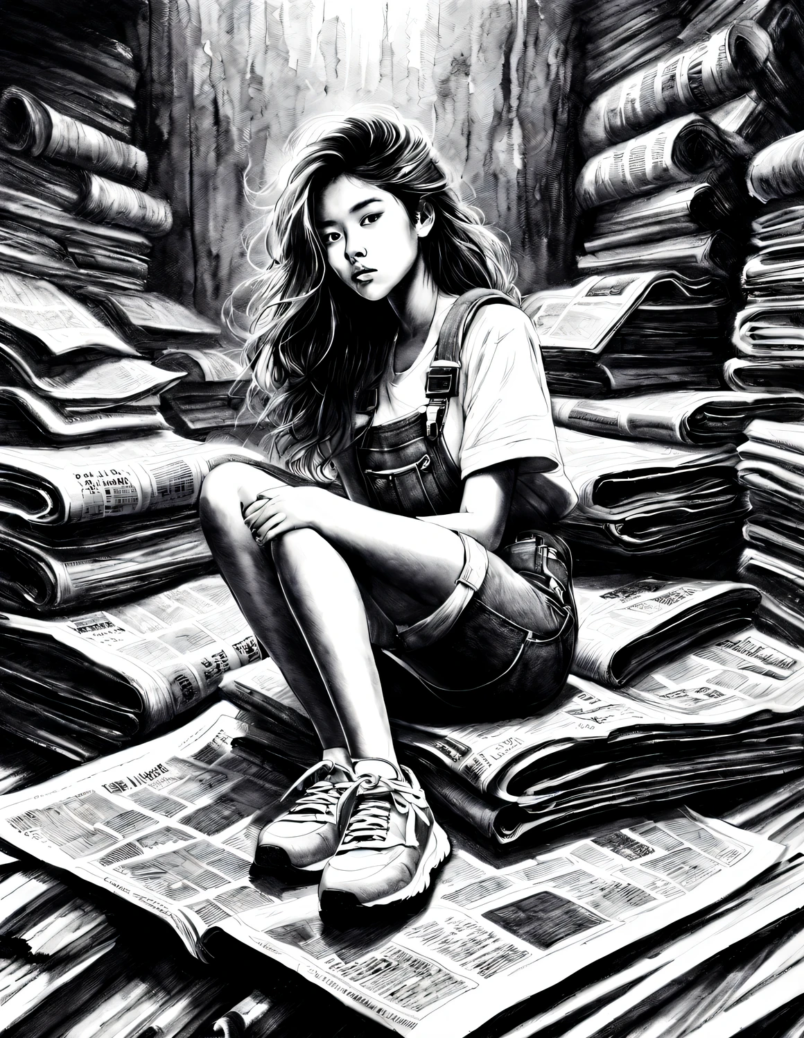 (Graphite drawing: 1.3), (Girl sitting cross-legged on mountain of old newspapers in basement), (She's wearing denim suspenders), young wild asian face, A bit of a mixed race face, (closure), (Slightly square chin: 0.4), Messy extra-long hair, (Lazy), A bit like Vivian, perfect face, Slightly narrowed slender eyes, sports shoes, background: The basement is covered with many old newspapers and dilapidated walls, 90's anime style, Bold silhouettes, Graphic arts, line art, black and white, line art with pen pressure, Pen pressure sketch, Calligraphy pen with pen pressure, G pen style,With pen pressure, Hand drawn thick lines, high contrast, IG model,