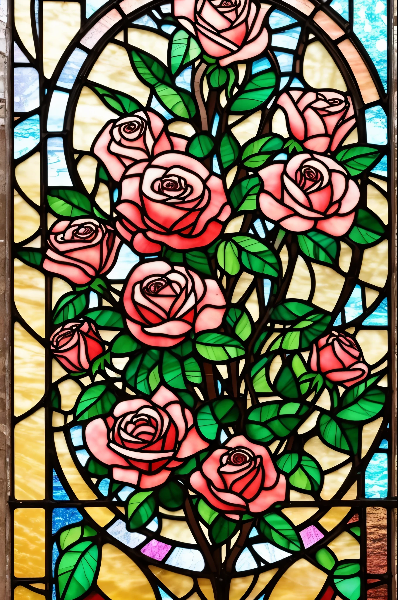 a close up of a stained glass window with roses in it, ( art nouveau ), (art nouveau), by Olga Rozanova, maxim verehin stained glass, by Nikita Veprikov, by Elina Karimova, translucent roses ornate, by Andrée Ruellan, by Simon Ushakov, stained glass art, by Nikola Avramov, roses