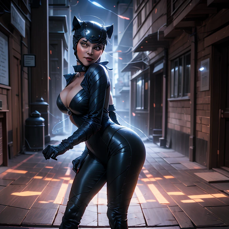 A captivating Catwoman figure, boasting generous assets, leans against the cold brick wall of an abandoned alley. The velvety fabric of her iconic suit clings to her curvaceous figure, revealing the allure of her ample cleavage. Her seductive green eyes gleam in the dimly lit street, a sly smile playing at the corner of her mouth. Her agile form exudes an air of mystery and temptation, beckoning the viewer deeper into the night. The intricate details of the suit's texture and the glossy finish of her feline ears add to the masterpiece of this art piece. The scene is a stunning blend of realism and fantasy