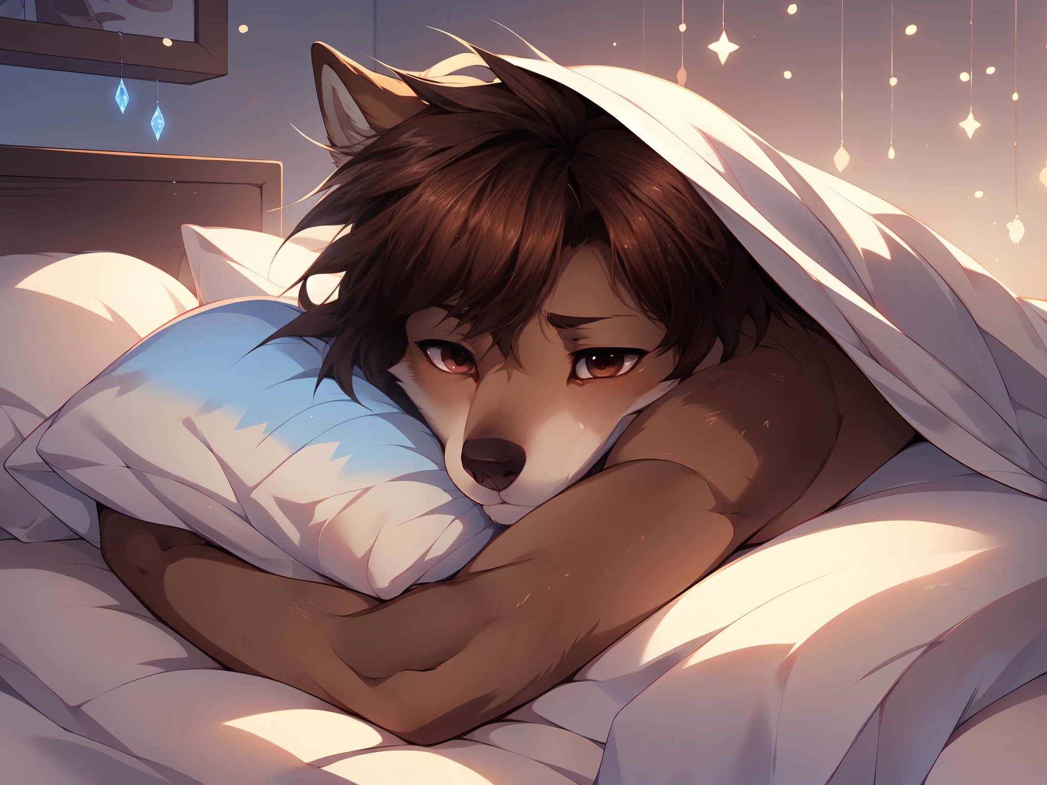 Jaiden, solo, male brown wolf, brown eyes, shaggy brown hair, cute snout, black nose, detailed environment, by fumiko, by hyattlen, by hioshiru, indoors, lying on a bed, on his back, under a blanket, shirtless, sad expression, he has a fever, an ice pack on his head, 