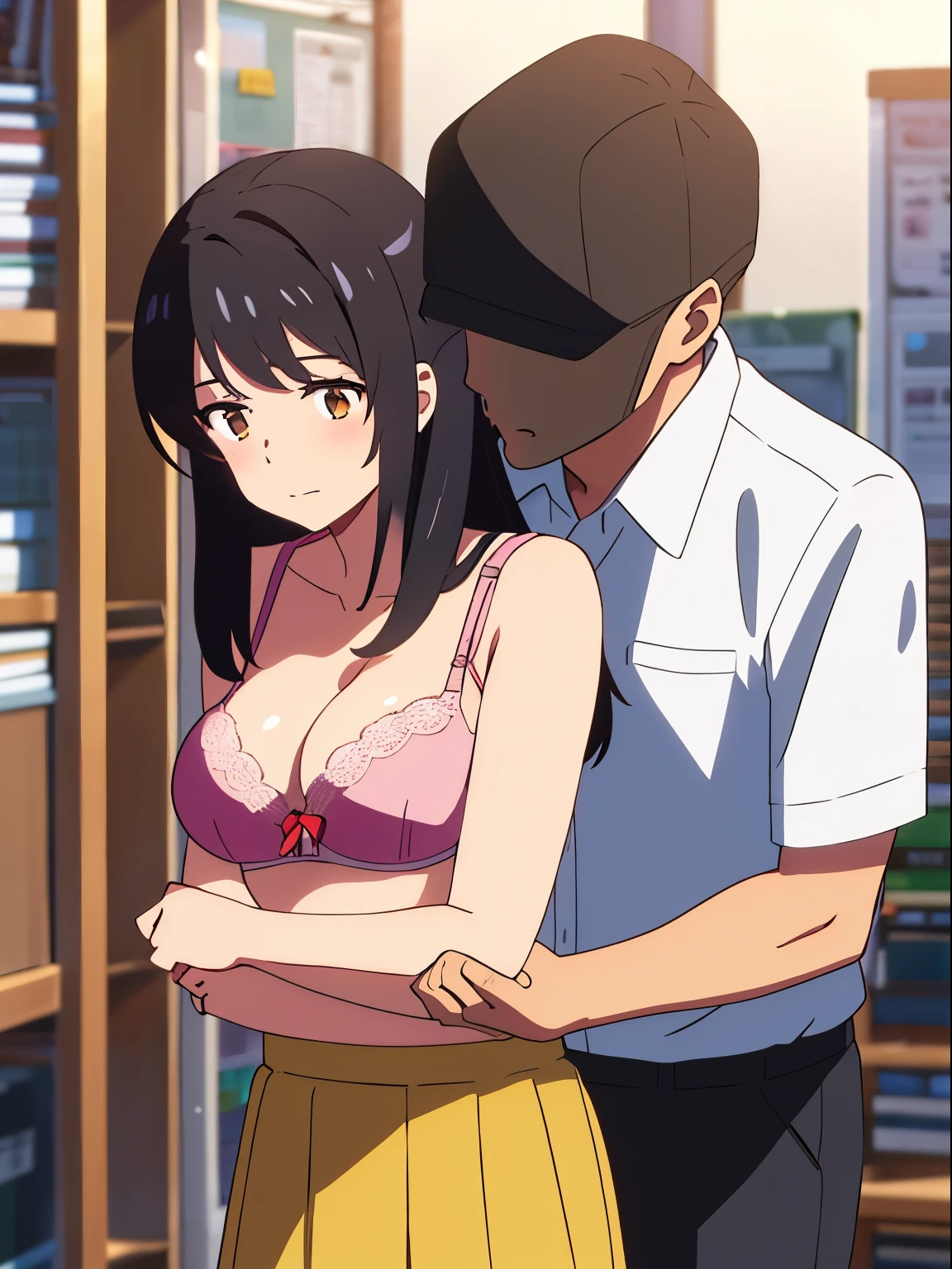 shinkai makoto, kimi no na wa., 1boy, buzzcut,office suit, boy caressing girl's body, kiss cheeks, passionate hug, boy is hugging from behind, breast groping from behind, 1girl, bangs, black hair, brown eyes, Twisted Half Up, red ribbon, long hair, yellow blouse, open shirt, unbuttoned shirt, pink bra, cleavage, breast, medium breast, long gray skirt, storage room, indoors, masterpiece, perfect anatomy, cowboyshot