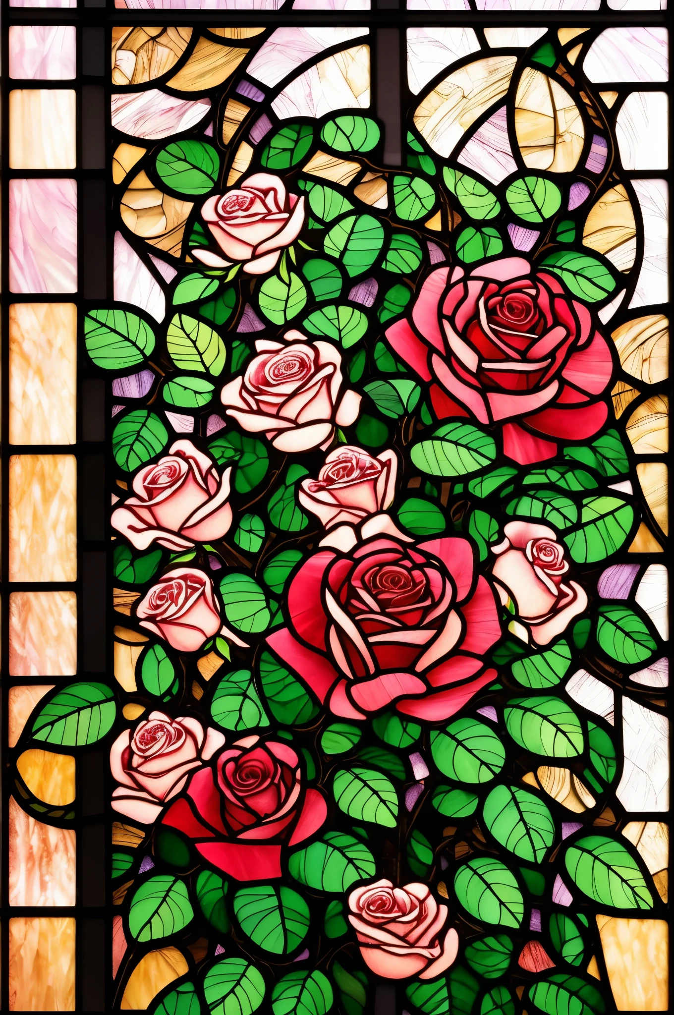 a close up of a stained glass window with roses in it, an ultrafine detailed painting by Olga Rozanova, Artstation, art nouveau, ( art nouveau ), (art nouveau), maxim verehin stained glass, translucent roses ornate, stained glass art, roses, stained glass!!, beautiful detail and color, beautiful depiction, stained glass style