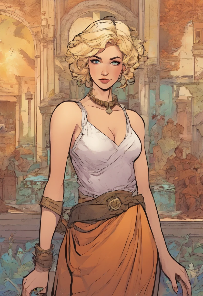 (fantasy style) captive princess with short-cropped disheveled blonde hair, piercing rich brown eyes, freckles, bruises on her forearms, proud posture and in a dirty shabby dress