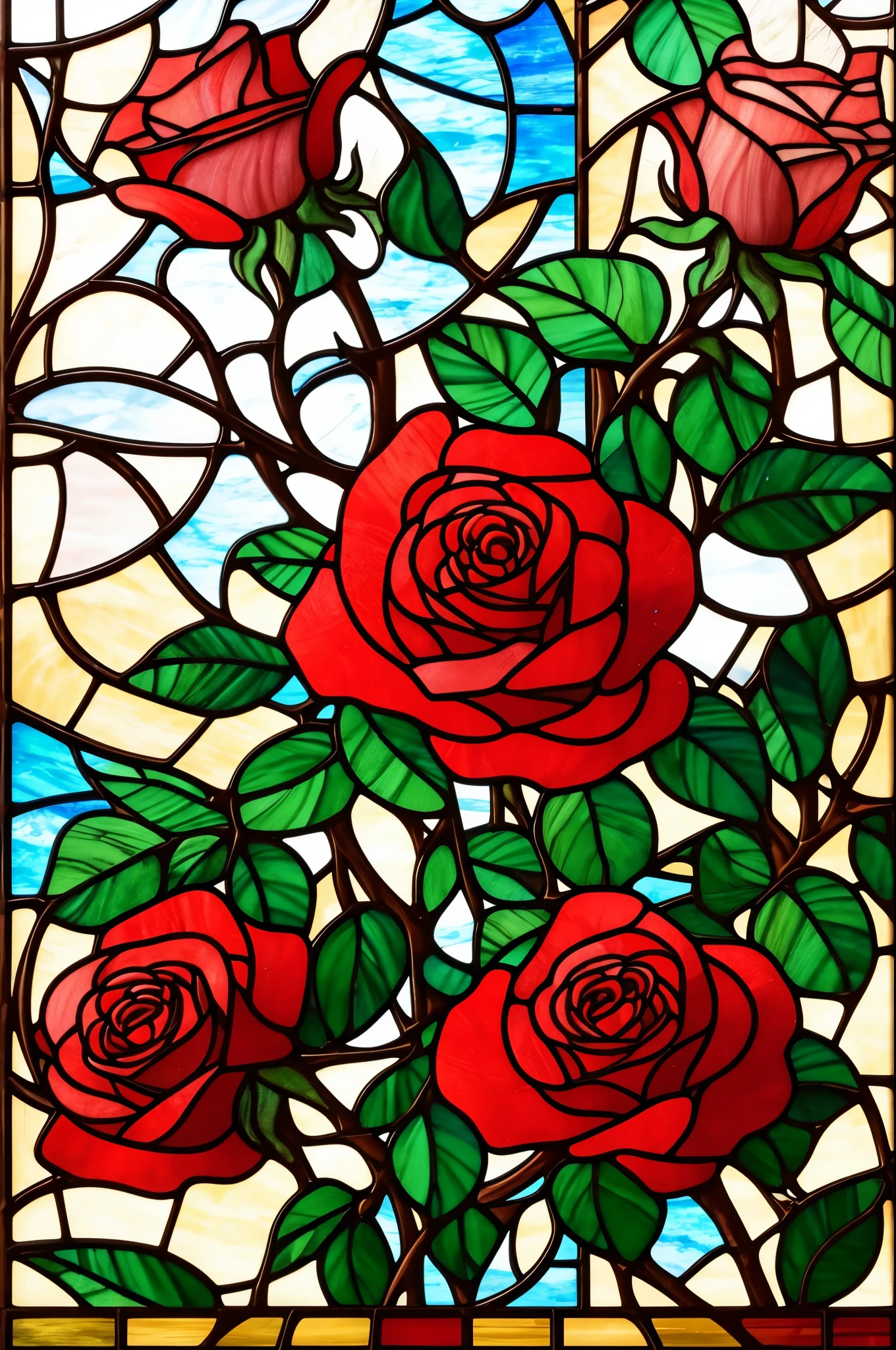 a close up of a stained glass window with roses in it, an ultrafine detailed painting by Olga Rozanova, Artstation, art nouveau, ( art nouveau ), (art nouveau), maxim verehin stained glass, translucent roses ornate, stained glass art, roses, stained glass!!, beautiful detail and color, beautiful depiction, stained glass style