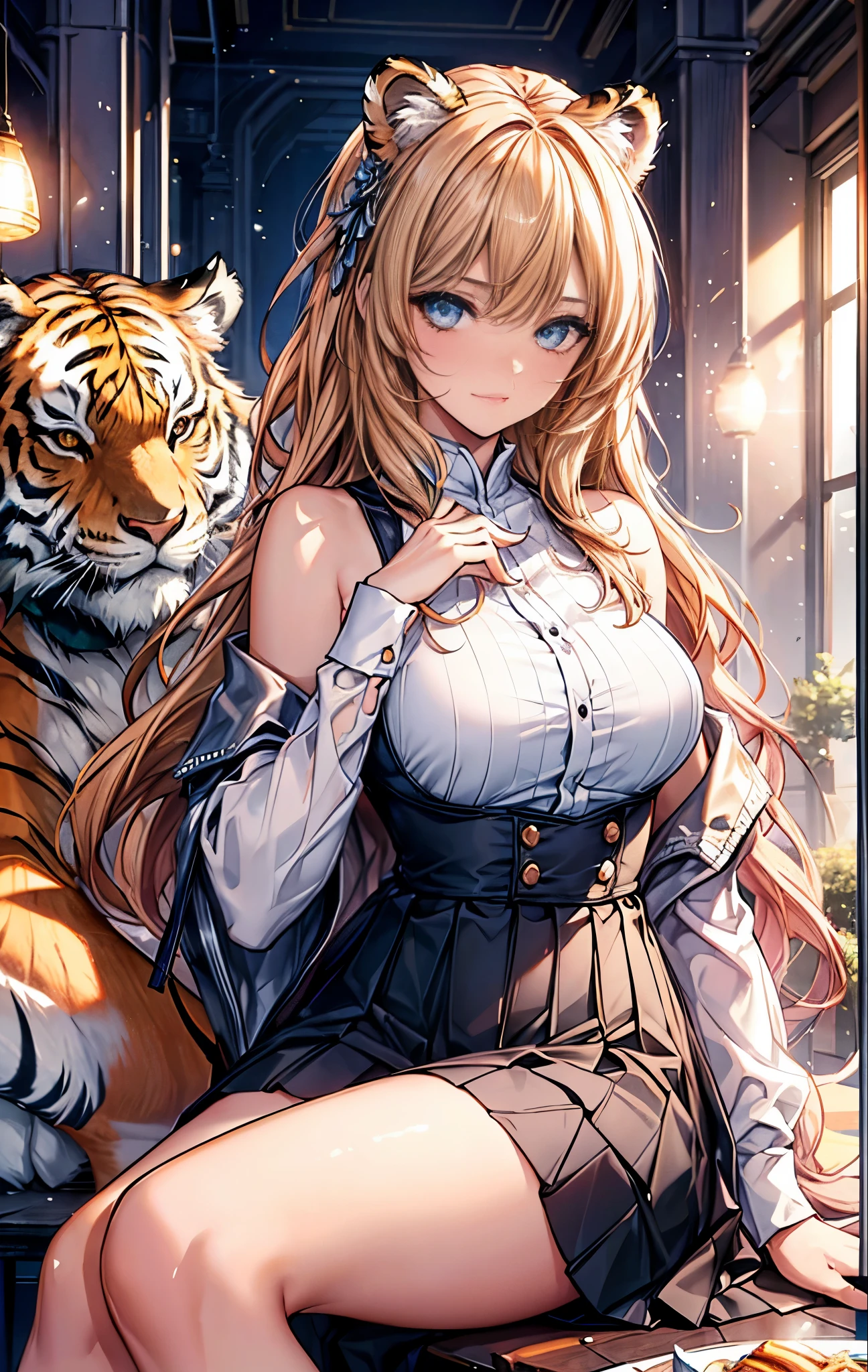 {{masterpiece}},best quality,Highly detailed CG Unity 8K wallpaper,One woman,movie lighting,lens flare glow,
perfect style, perfect body, clear beautiful eyes, long eyelashes, beautiful tiger girl, tiger print sexy clothes, Tiger tail, Lie down like a cat on a luxurious table, mini skirt,