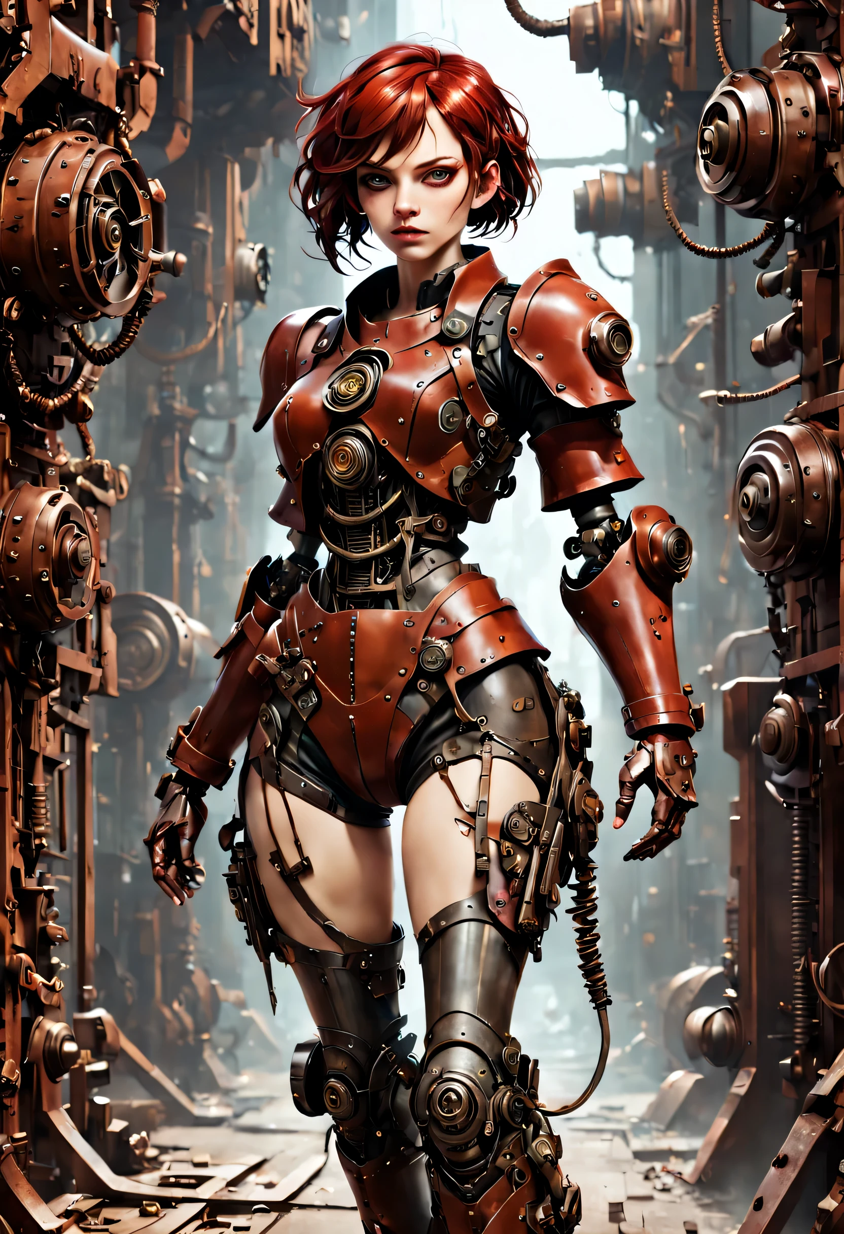 masterpiece,best quality,official art, Extremely detailed CG unified 8k wallpaper,ridiculous,8k dark_fantasy,((dieselpunk)),(Mechanical album cover,A full body girl,Red:1.1),1 person,Complex and detailed mechanical marvels,Robotic presence,cybernetic guardians,wearing tatteRed exoskeleton,Complex mazes,(Steel metal [Rusty]),elegant,sharp focus,Photo by Grzegorz Rutkovsky,soft light,bright colors,masterpiece,((street)),cowboy shooting,dynamic poses