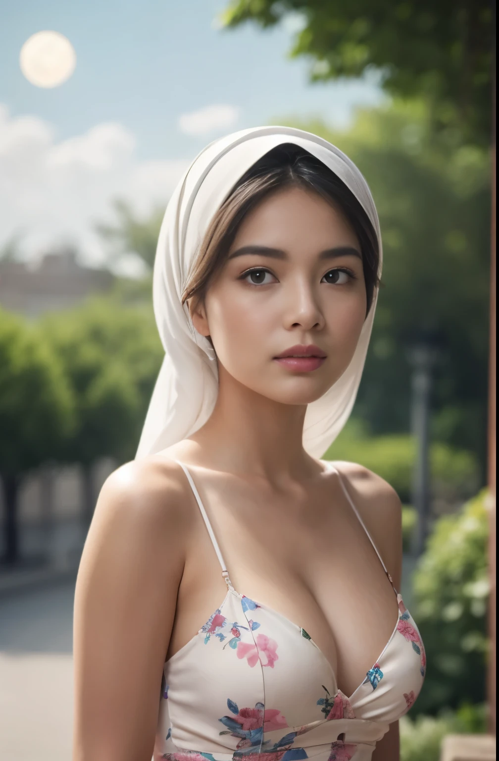 brownies, sky,moon, (Close-up of the painting style,Ultra HD 8K,Masterpiece grade CG wallpaper),Cinematic lighting,cute girly,Delicate and beautiful face,Dreamy pupils,Wearing a small floral short summerdress,round waist,hijabi,Bust poem,Sit,Cloudy background,the trees,florals,夏天,Chinese style buildings, cleavage, magical