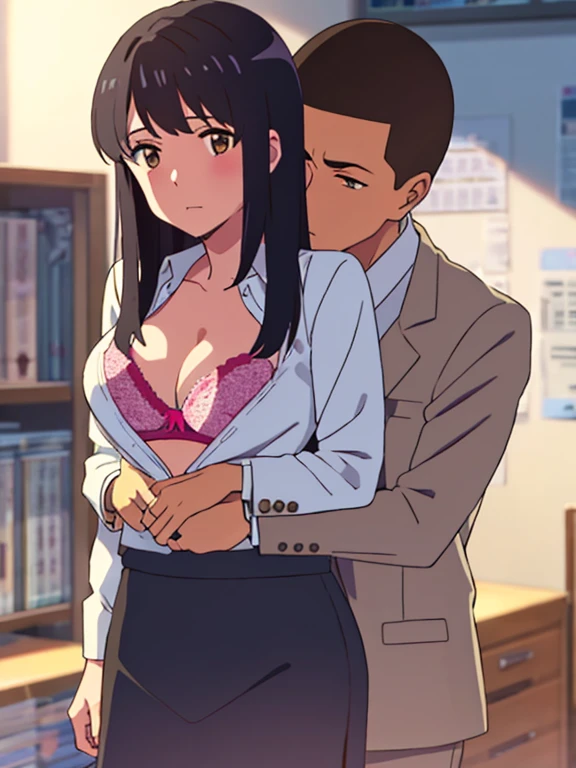 shinkai makoto, kimi no na wa., 1boy, buzzcut,office suit, boy caressing girl's body, kiss cheeks, passionate hug, boy is hugging from behind, groping from behind, 1girl, bangs, black hair, brown eyes, Twisted Half Up, red ribbon, long hair, yellow blouse, open shirt, unbuttoned shirt, pink bra, cleavast, mediumt, long gray sktorage room, indoors, masterpiece, perfect anatomy, cowboyshot