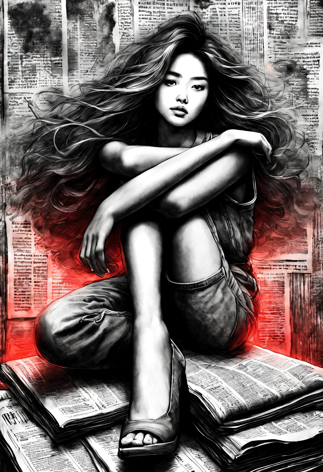 (Graphite painting), (Girl sitting cross-legged on mountain of old newspapers in basement), (She's wearing denim camisole pants), (She has a young and wild Asian face, Slightly mixed face shape, (closure), (Slightly square chin: 0.4), Messy extra-long hair, (Lazy), A bit like Vivian, perfect face, Slightly narrowed slender eyes, sports shoes, and the only dim red light from the ceiling chandelier,
background: The basement is covered with many old newspapers and dilapidated walls,
90's anime style, Bold silhouettes, Graphic arts, line art, black and white, line art with pen pressure, Pen pressure sketch, Calligraphy pen with pen pressure, G pen style,With pen pressure, Hand drawn thick lines, high contrast, IG model,