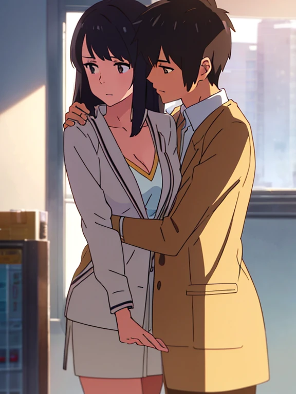 masterpiece:1.6, best quality), finely detailed beautiful eyes: 1.2), colorful, shinkai makoto, kimi no na wa., 1middle age man, wrinkle face, black hair,bangs swept to the right side, office worker suit, 1middle age man caressing girl's body, breast groping, breast grope, hold breast, 1girl, bangs, black hair, brown eyes, waterfall braid, red ribbon, long hair, long sleeve light yellow cardigan, open shirt, yellow shirt, cleavage, breast, medium breast, black pants,  indoors, jewelery shop, mall, cowboy shot, face to face