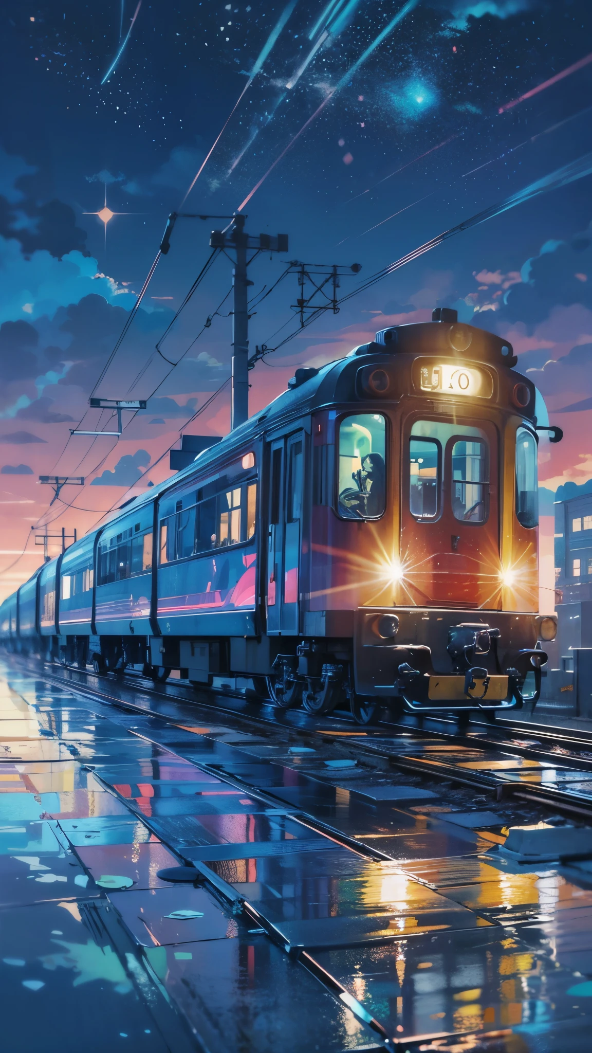 Cartoon train passing through body of water on rails, bright starry sky. romantic train, Picture of Makoto Shinkai, pure, concept art, Lofi Art style, reflection.,Shinkai Makoto animation art style, Lofi Art, beautiful anime scene, anime scenery, detailed scenic view, Xin Haicheng's style, Xin Haicheng's style, Enhance details