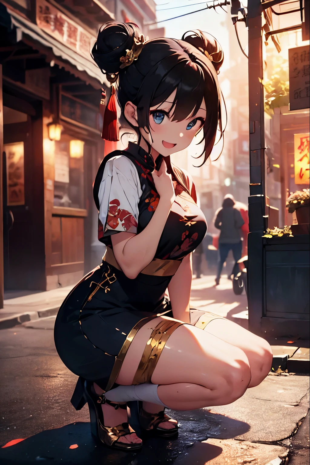 (Official art、Best Quality、Unity 8k Wallpapers、32K、masterpiece、ultra-detailliert、超A high resolution、realisitic、Photorealsitic:1.2)、(Cinematic lighting:1.2)、Fireglow effect、film grains、Best Shadows、Rim lighting、side lights、sideshot、(Ultra-detailed and complex 3D rendering)、Detailed beautiful face and eyes、A slender、Medium bust、(Full body:1.2)、 Highly detailed background、Chinese Restaurant、Carry dishes、beauitful face、blurry backround、a beauty girl、(super detailed skin、detailed skin textures:1.3)、Black hair、short-hair、Double bun、Blue eyes、Red cheongsam with gold thread embroidery、Wearing high heels、Floral hair ornament、(thighs thighs thighs thighs:0.9)、Smile with open mouth、dynamicposes