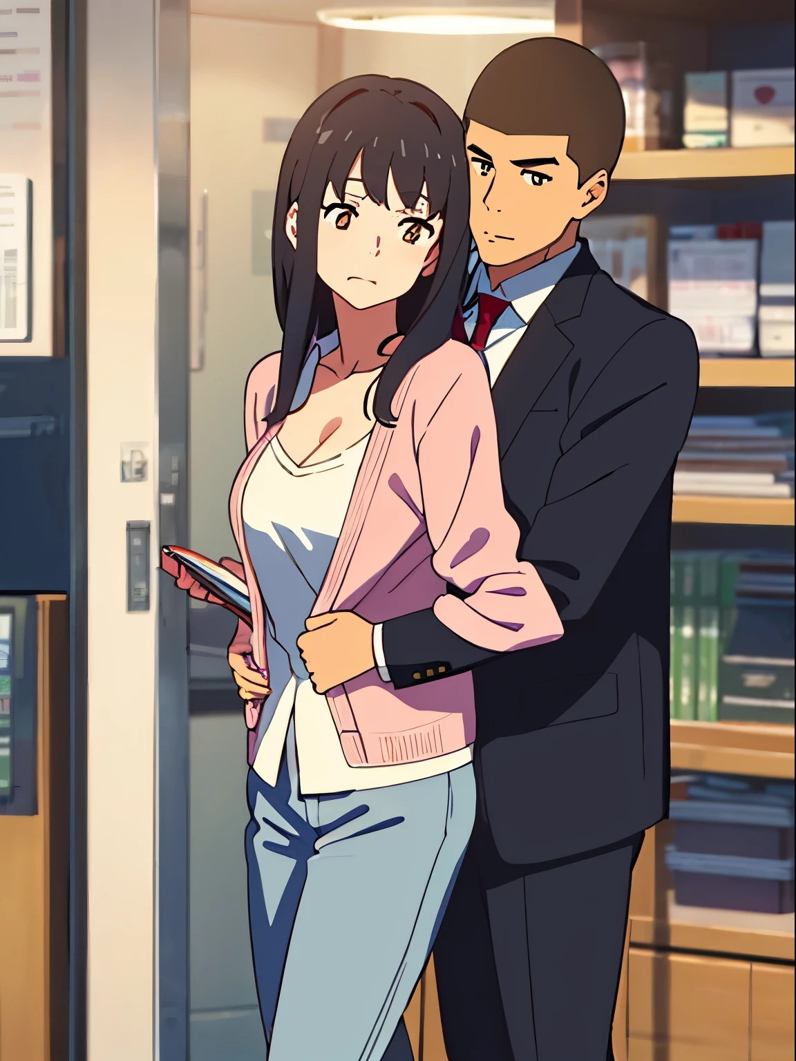 shinkai makoto, kimi no na wa., 1boy, buzzcut,office suit, boy caressing girl's body, boy is hugging from behind, ear biting 1girl, bangs, black hair, brown eyes, Twisted Half Up, red ribbon, long hair, long sleeve light pink cardigan, open shirt, yellow shirt, cleavage, breast, medium breast, storage room, indoors, masterpiece, perfect anatomy, cowboyshot