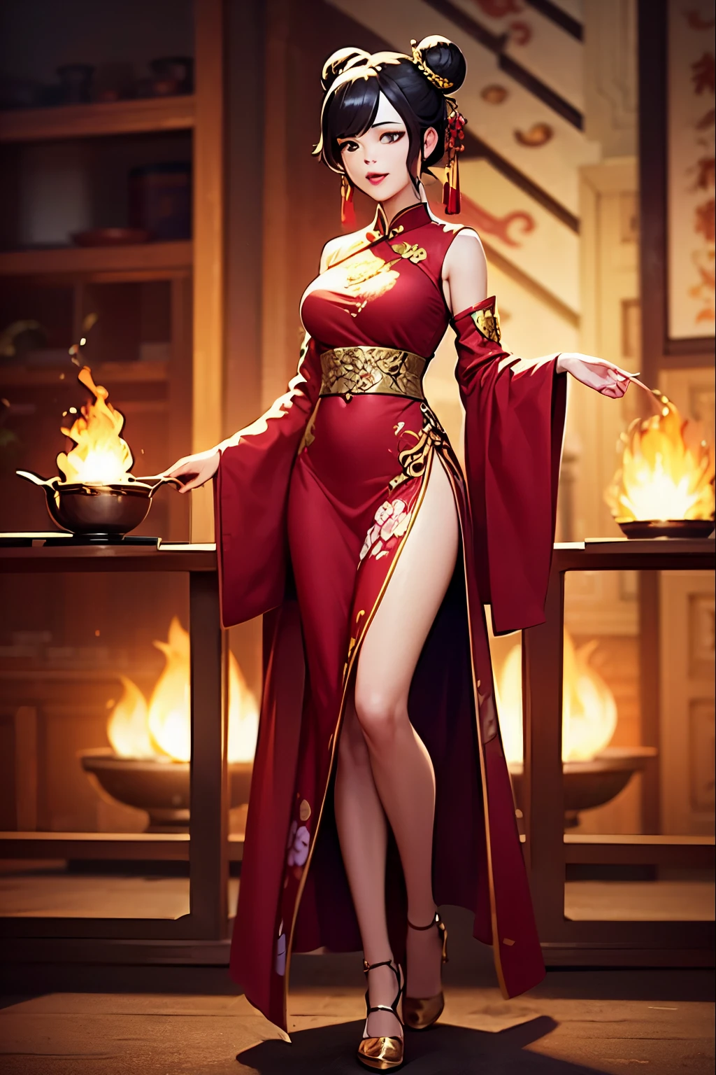 (Official art、Best Quality、Unity 8k Wallpapers、32K、masterpiece、ultra-detailliert、超A high resolution、realisitic、Photorealsitic:1.2)、(Cinematic lighting:1.2)、Fireglow effect、film grains、Best Shadows、Rim lighting、side lights、sideshot、(Ultra-detailed and complex 3D rendering)、Detailed beautiful face and eyes、A slender、Medium bust、(Full body:1.2)、 Highly detailed background、Chinese Restaurant、Carry dishes、beauitful face、blurry backround、a beauty girl、(super detailed skin、detailed skin textures:1.3)、Black hair、short-hair、Double bun、Blue eyes、Red cheongsam with gold thread embroidery、Wearing high heels、Floral hair ornament、(thighs thighs thighs thighs:0.9)、Smile with open mouth、dynamicposes