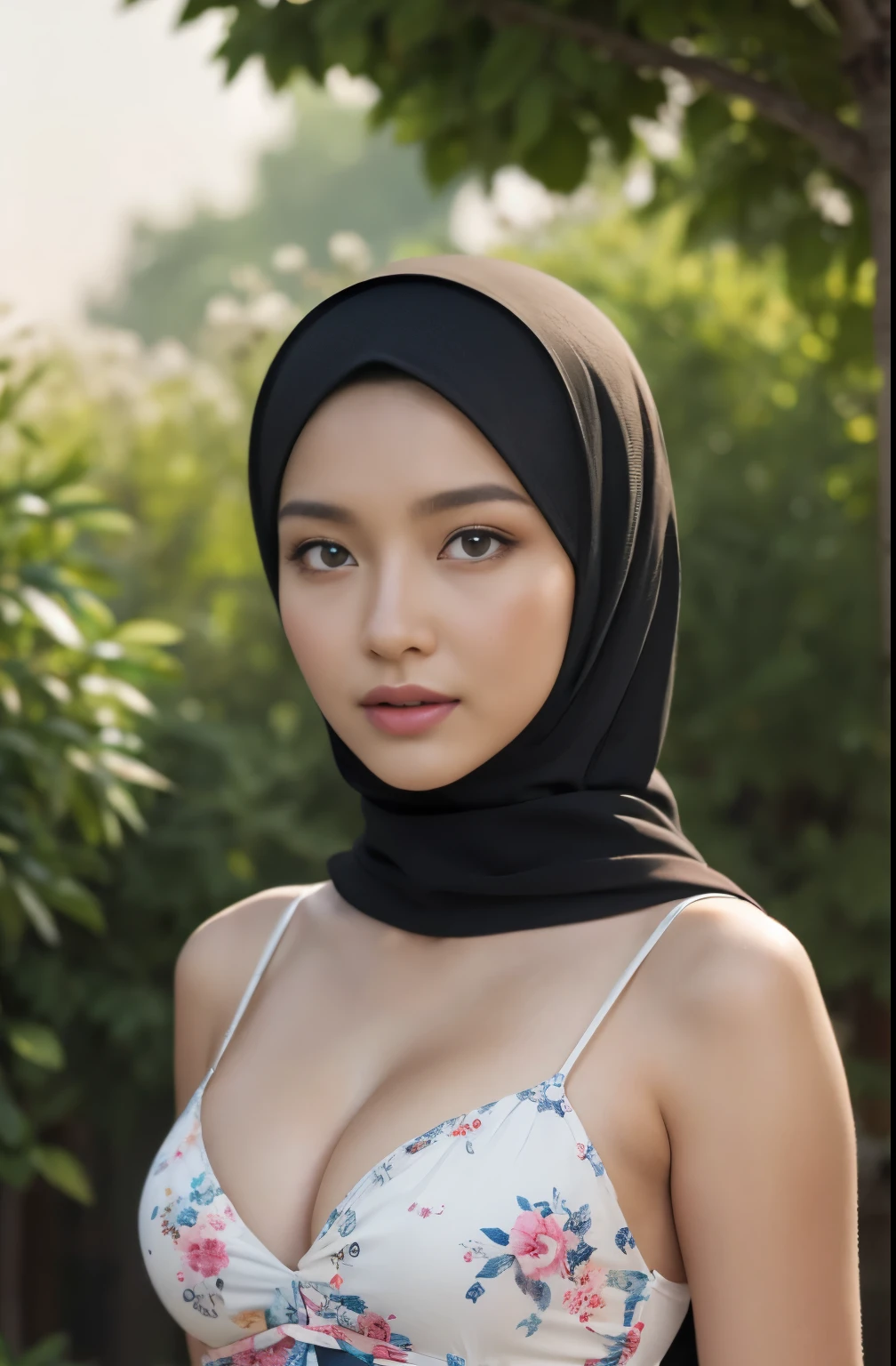 brownies, sky,moon, (Close-up of the painting style，Ultra HD 8K，Masterpiece grade CG wallpaper)，Cinematic lighting，cute girly，Delicate and beautiful face，Dreamy pupils，Wearing a small floral short summerdress,round waist,hijabi,Bust poem,Sit，Cloudy background,the trees,florals,夏天,Chinese style buildings, cleavage, magical