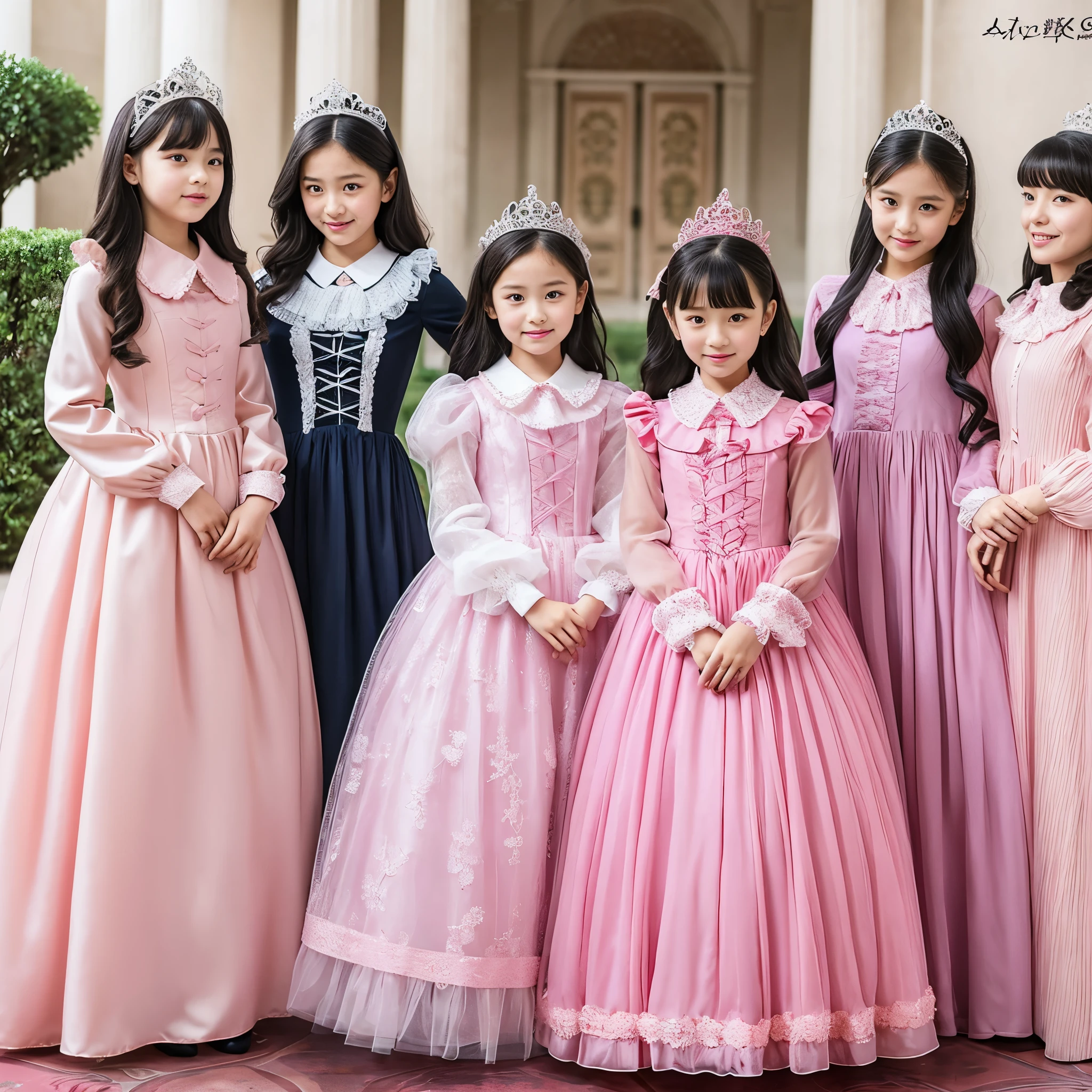 highest quality, masterpiece, highest resolution, artwork, super それにget used to it, many get used to it, get used to it, それにget used to it,, girl,可愛いgirl達,(()),((All girls)),girlはお姫様です,everyone wears a tiara on their head,((All are wearing pink Victorian ballgown dresses with voluminous full-length hoop skirts)),(Long sleeves with ruffles),((A long dress that almost touches the floor)),A dress with lots of frills and ribbons..,((ruffle yoke collar)),luxury,inside the palace,Satin fabric dresses,