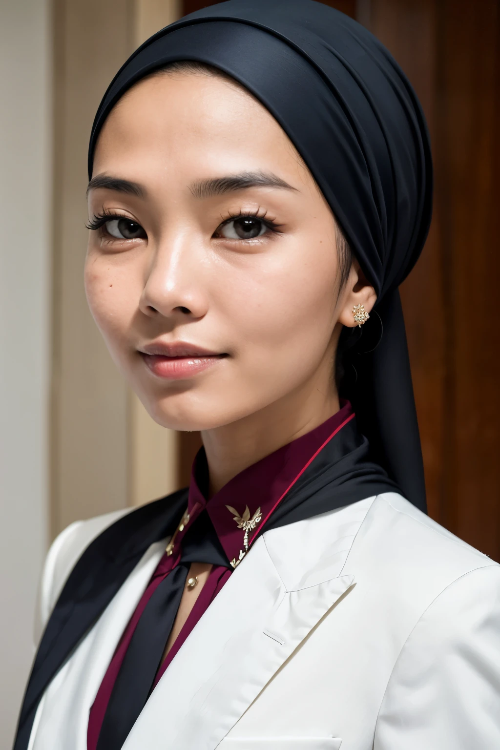 portrait of javanese girl,solo,20yo,beautiful face,upper body,hijabi,medium sidecut, sharp focus,business suit
