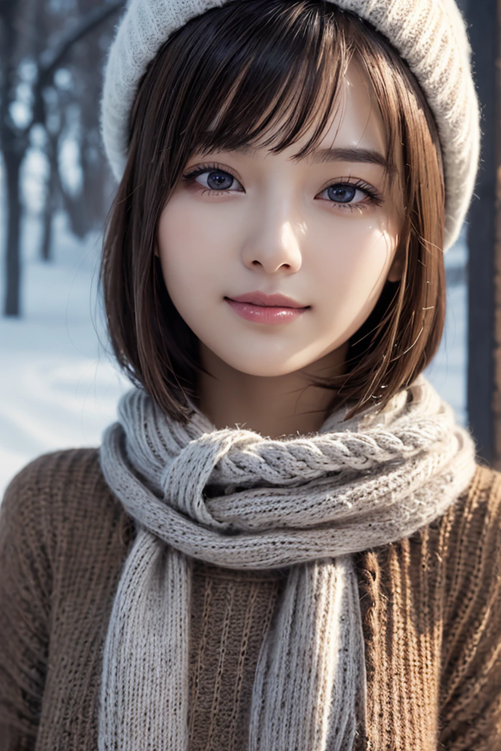 1girl in, (Wear winter clothes:1.2), (Unripe, Best Quality), (Realistic, Photorealsitic:1.4), masutepiece, Extremely delicate and beautiful, Extremely detailed, 2k wallpaper, amazing, finely detail, the Extremely Detailed CG Unity 8K Wallpapers, Ultra-detailed, hight resolution, Soft light, Beautiful detailed girl, extremely detailed eye and face, Eyes are brown,beautiful detailed nose, Beautiful detailed eyes, Cinematic lighting, Winter scene, Perfect Anatomy, Slender body, Taut, Straight bob cut hair, Bangs, Looking at Viewer, A slight smil,large size knit hat、thick thick muffler、Pure white sweater、open front wool coat,FULL BODYSHOT,