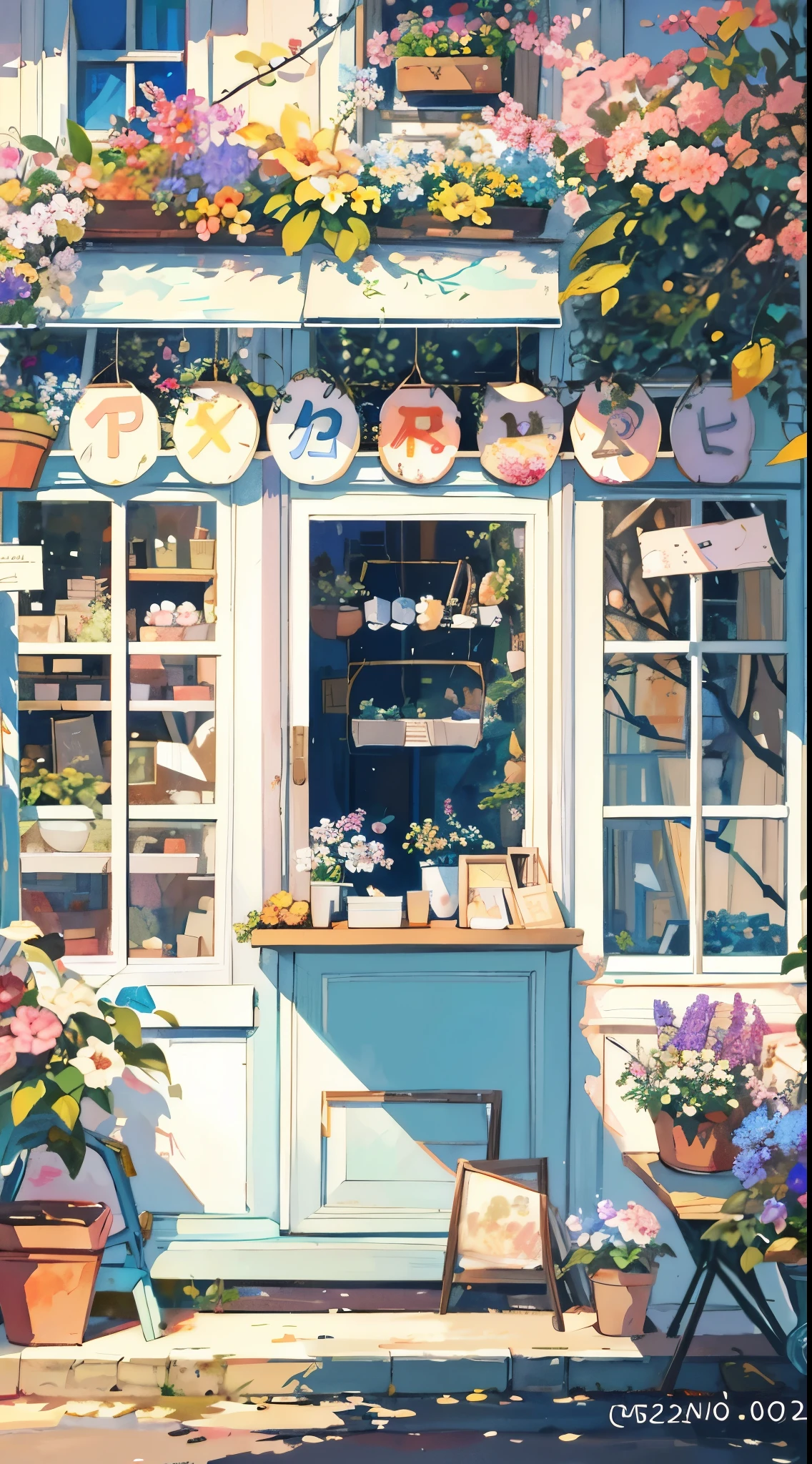 There is a painting of a storefront，Flowers on the window, cozy cafe background, flower shop scene, cute bakery shop, Anime background art, pastel style painting, cottagecore!!, cottagecore, beautiful aesthetic art, painting illustration, dreamy aesthetic, high detailed store, arte de fundo, detailed soft painting, detailed scene, Lofi art